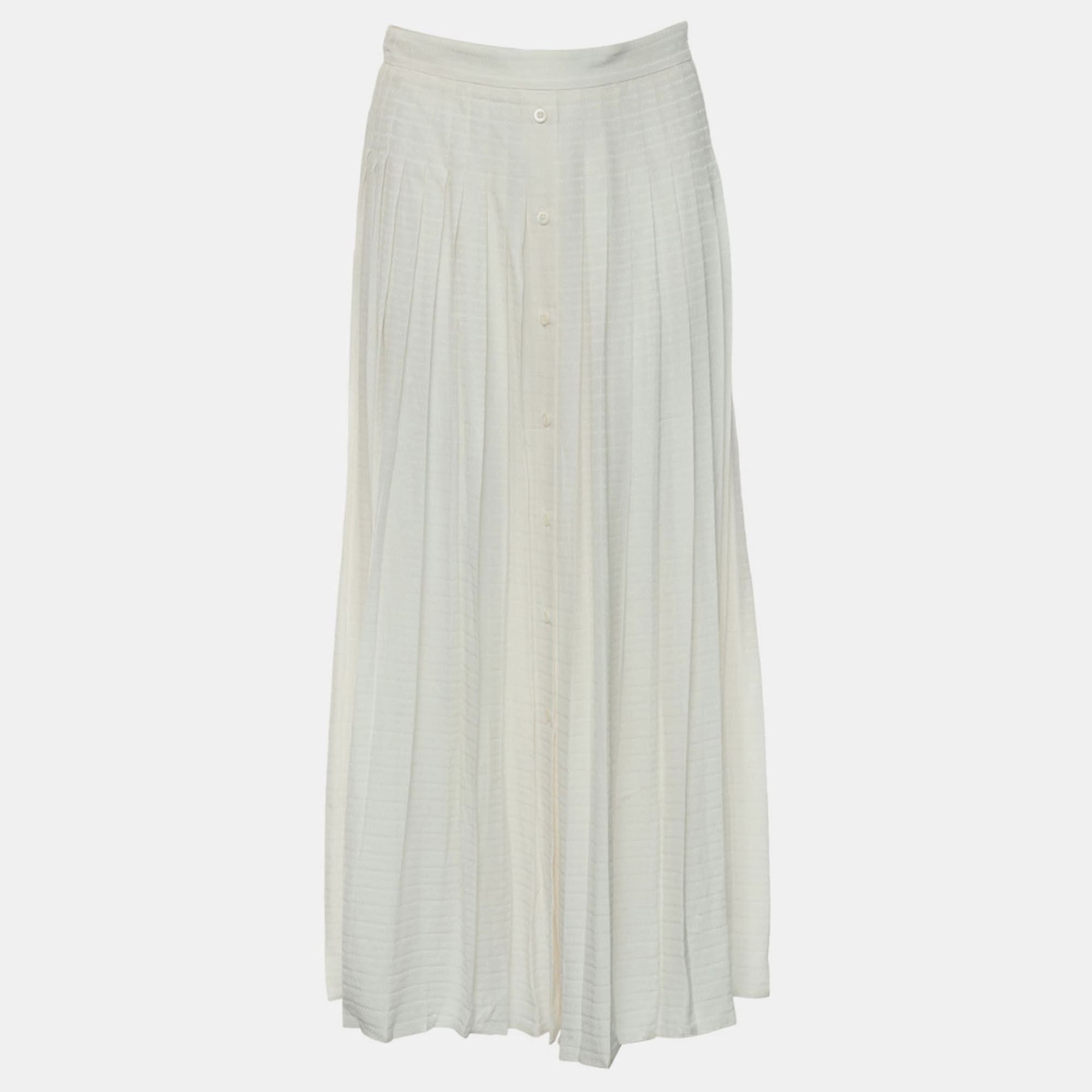 Prada Logo-Jacquard White Silk Pleated Skirt XS
