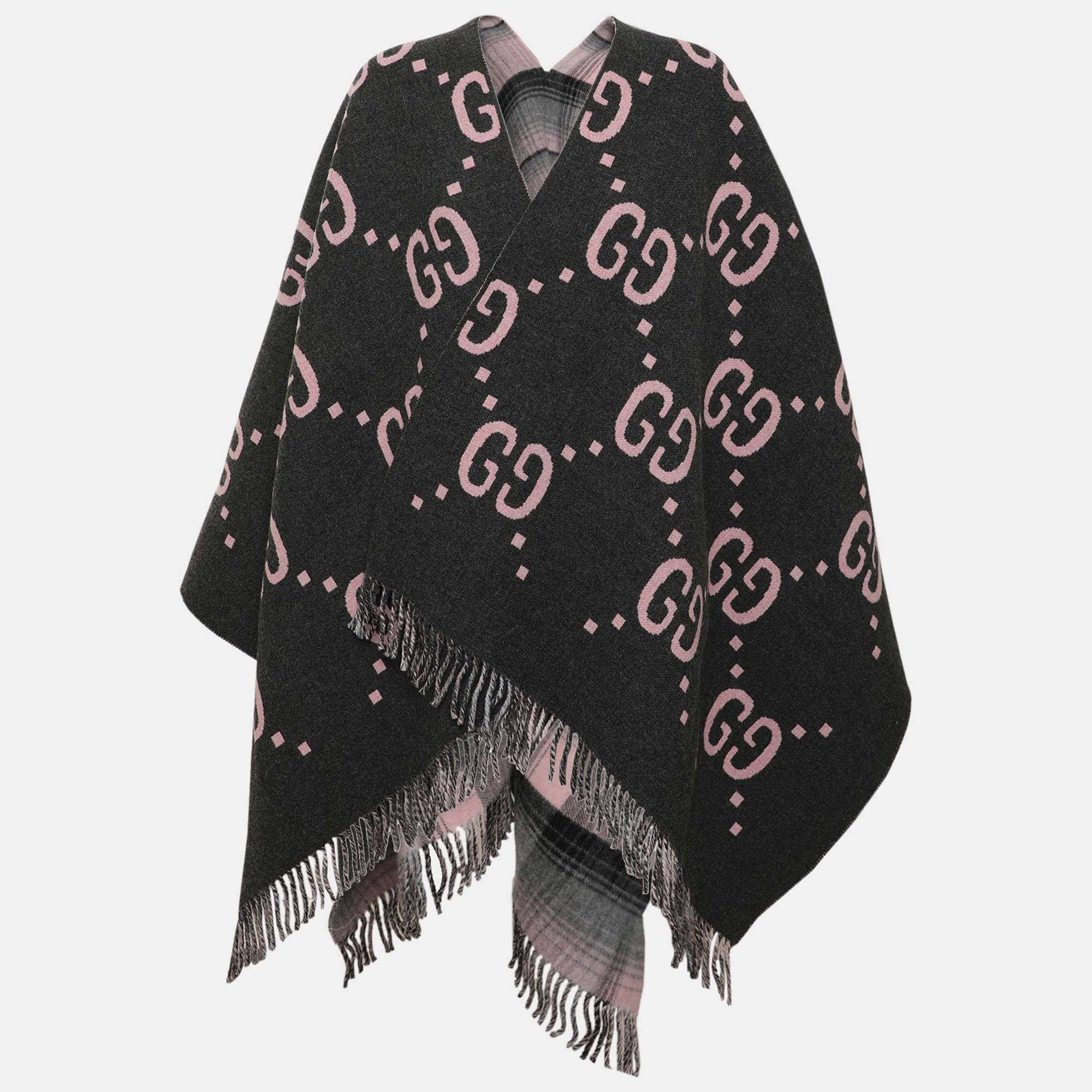 Gucci Dark Grey/Pink GG Logo Wool Reversible Poncho/Cape