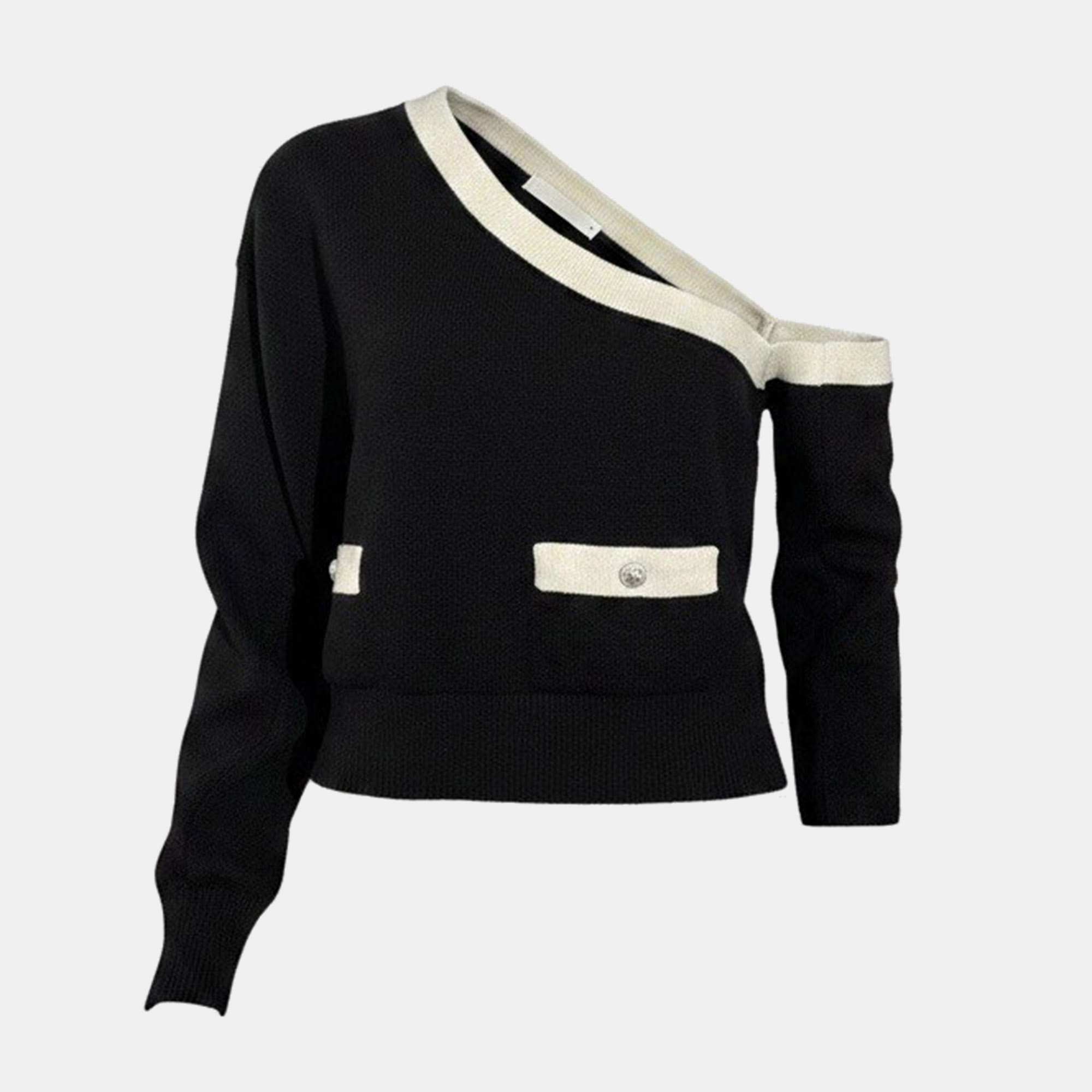 Chanel Black/White Cashmere One off Shoulder Knit Toga Top Size M