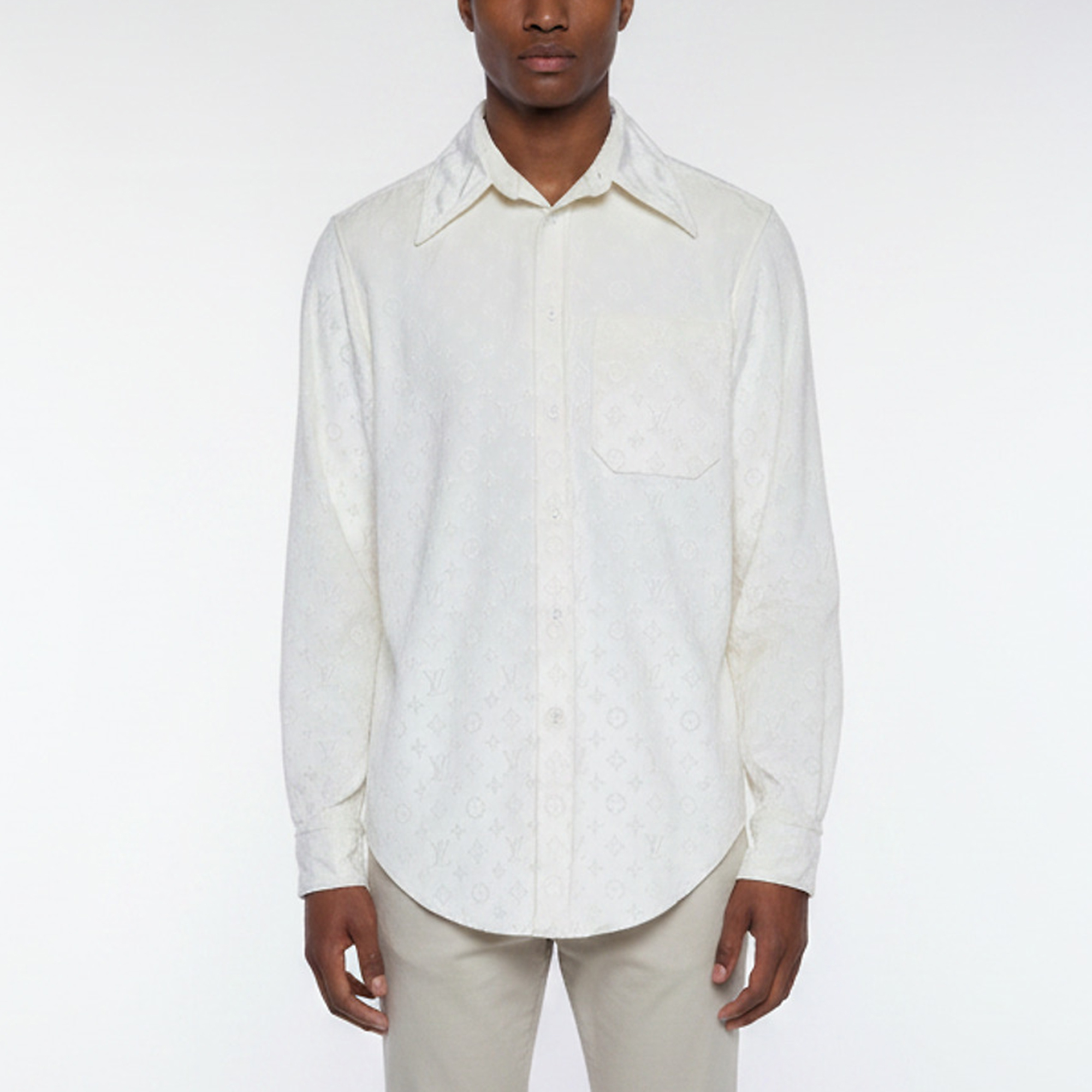 Louis Vuitton Off White Monogram Embossed Velvet Long Sleeve Shirt M