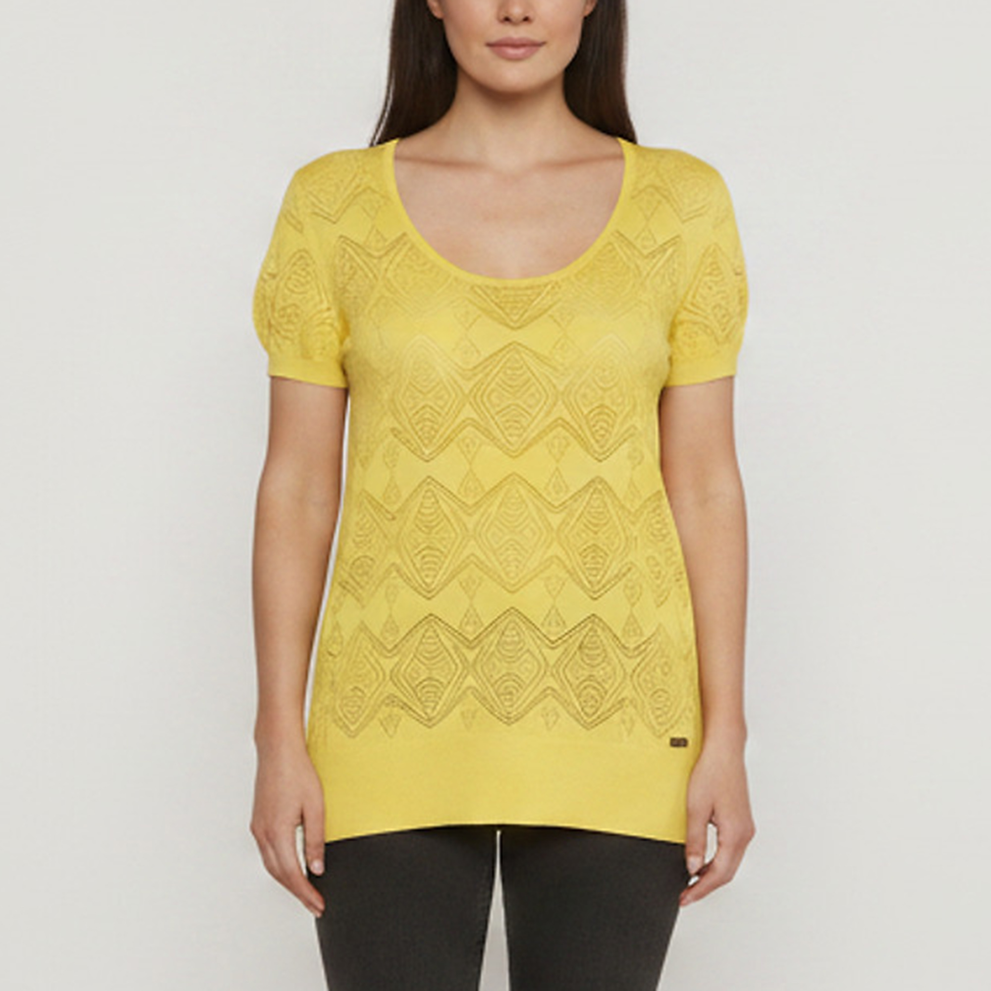 Salvatore Ferragamo Yellow Pointelle Lace Knit Short Sleeve Top L