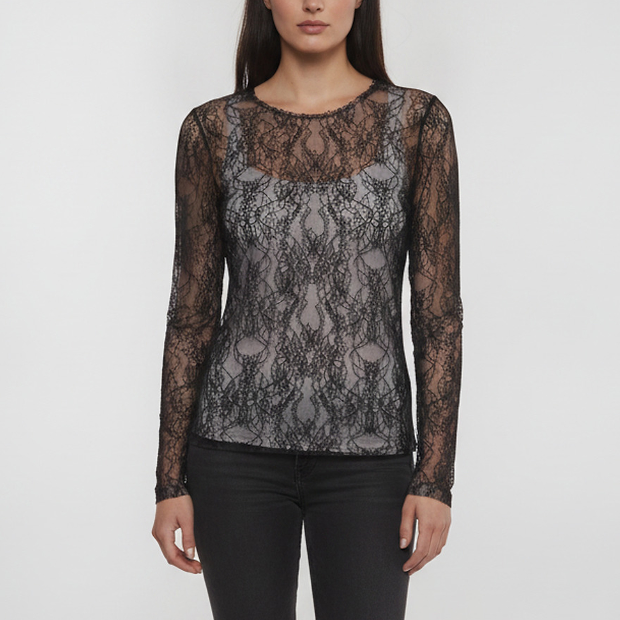 Just Cavalli Black Floral Lace Sheer Long Sleeve Top S
