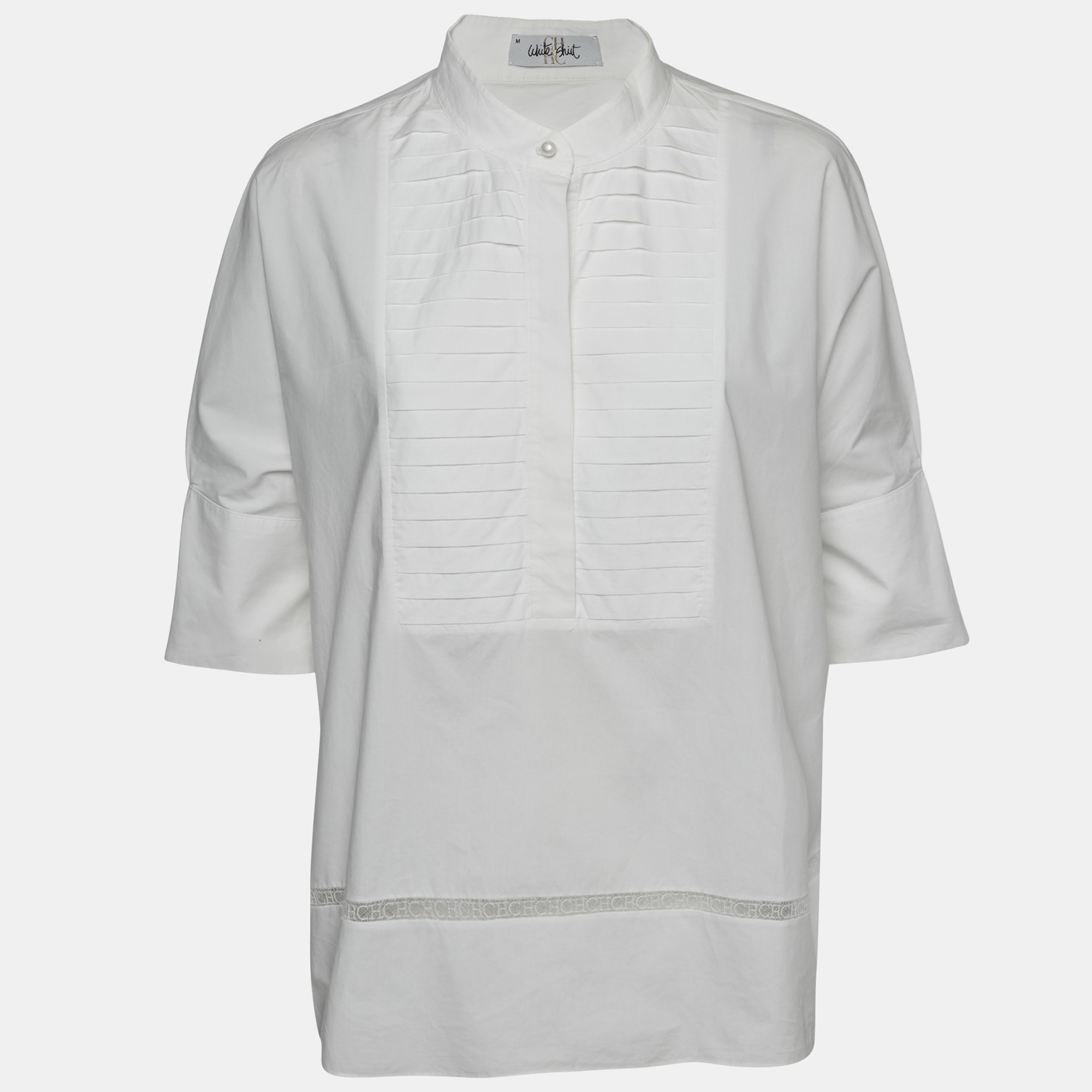 CH CH White Shirt White Pleated Cotton Lace Trim Oversized Shirt M