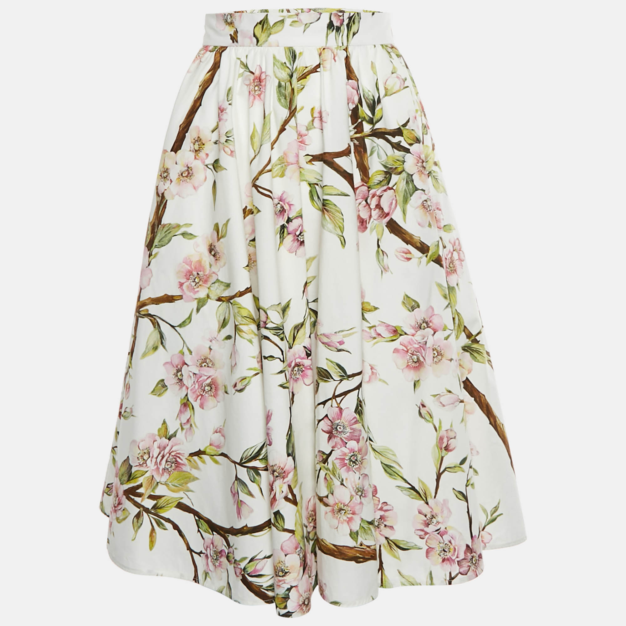 Dolce & Gabbana White Floral Print Cotton Flared Knee-Length Skirt S