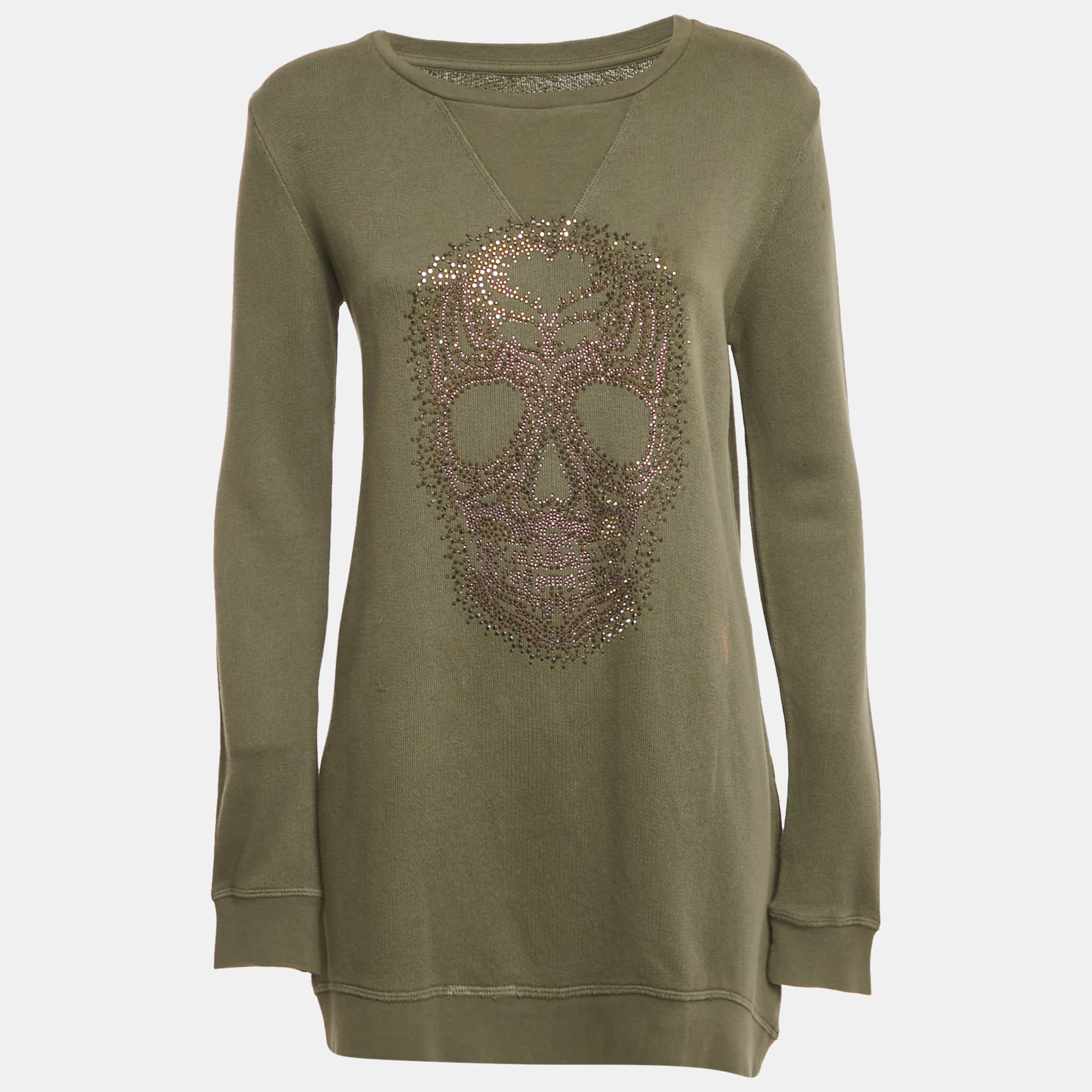 Zadig & Voltaire Sage Green Skull Embellished Cotton Anael Tunic Sweater S