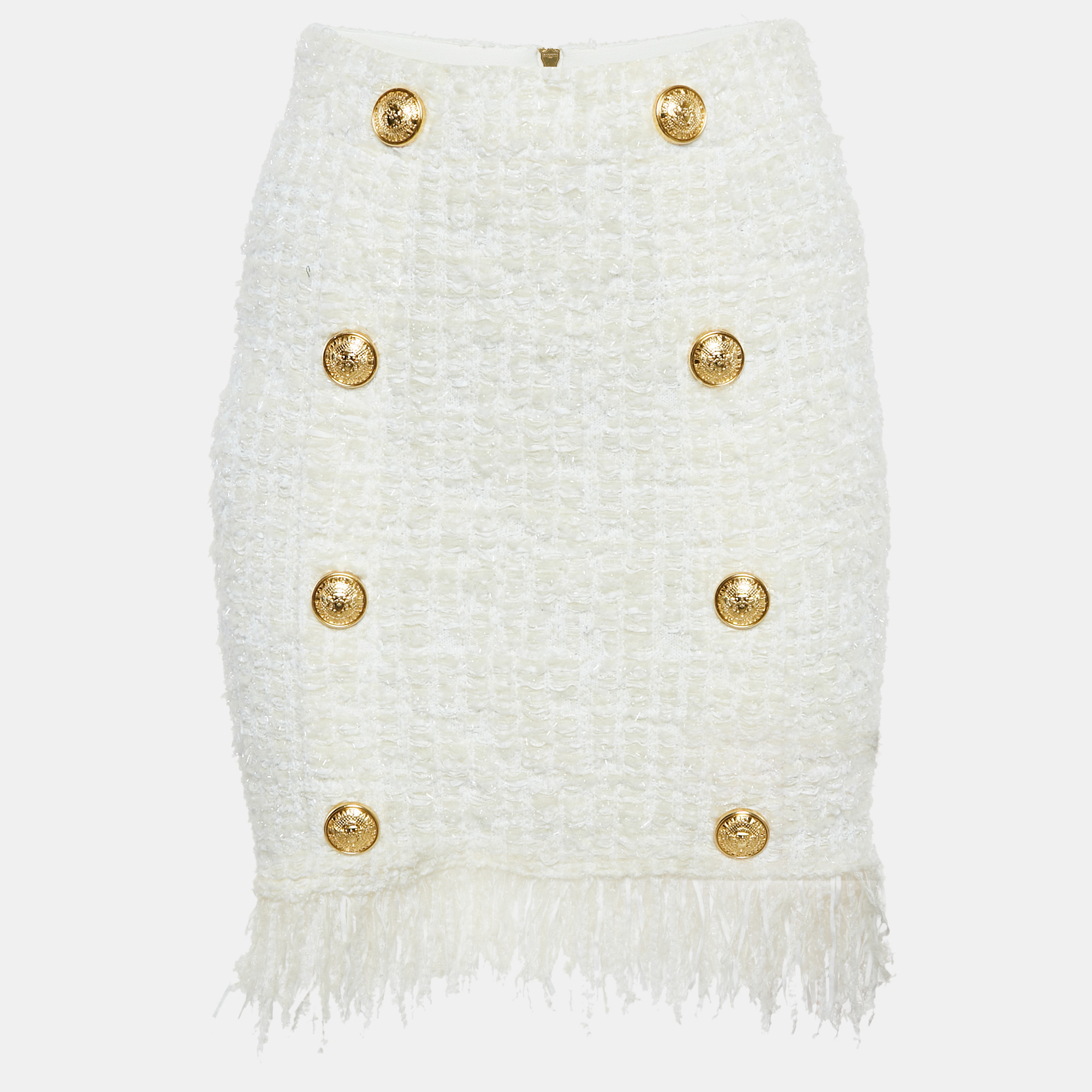 Balmain White Tweed Button Detail Pencil Skirt M