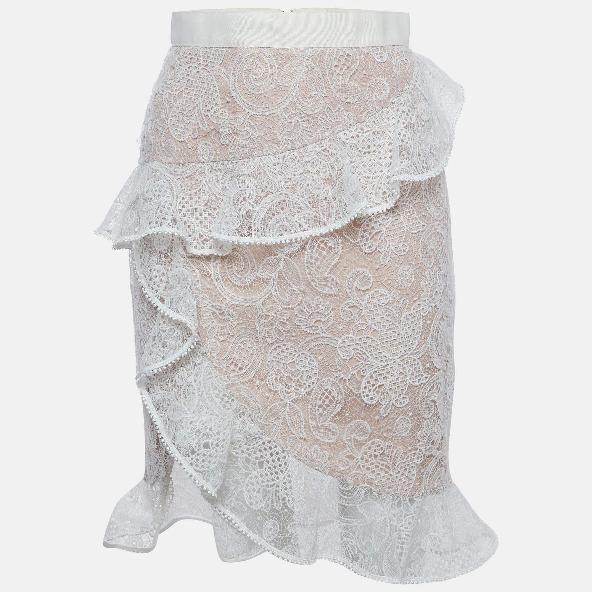 Self-Portrait White Floral Lace Ruffled Asymmetric Midi Skirt S