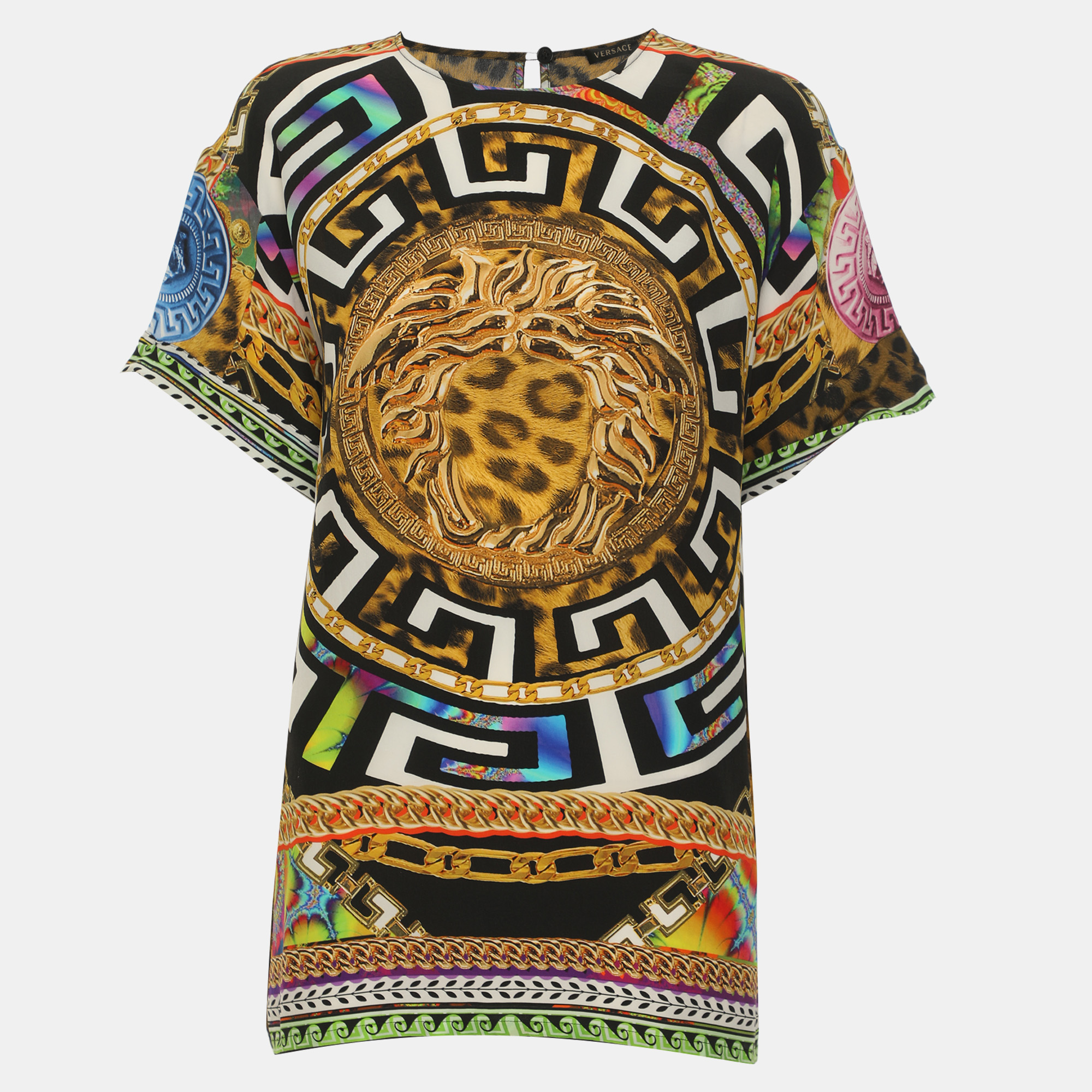 Versace Multicolor Medusa Leopard Printed Crepe Tops M