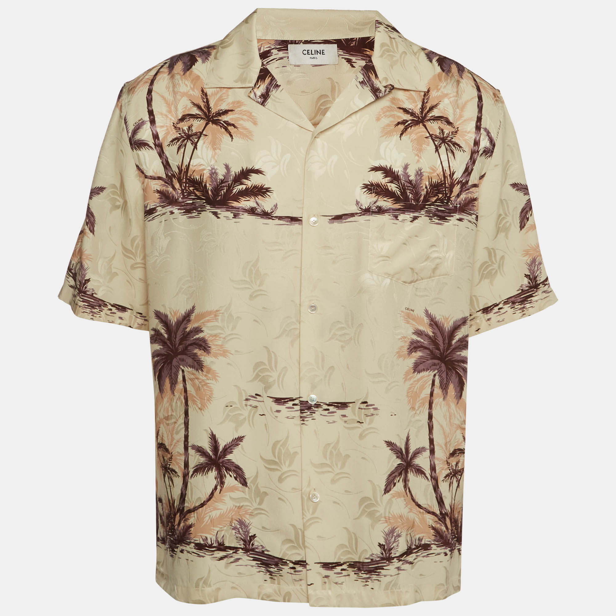 Celine Beige Hawaiian Palm Tree Print Silk Bowling Shirt L