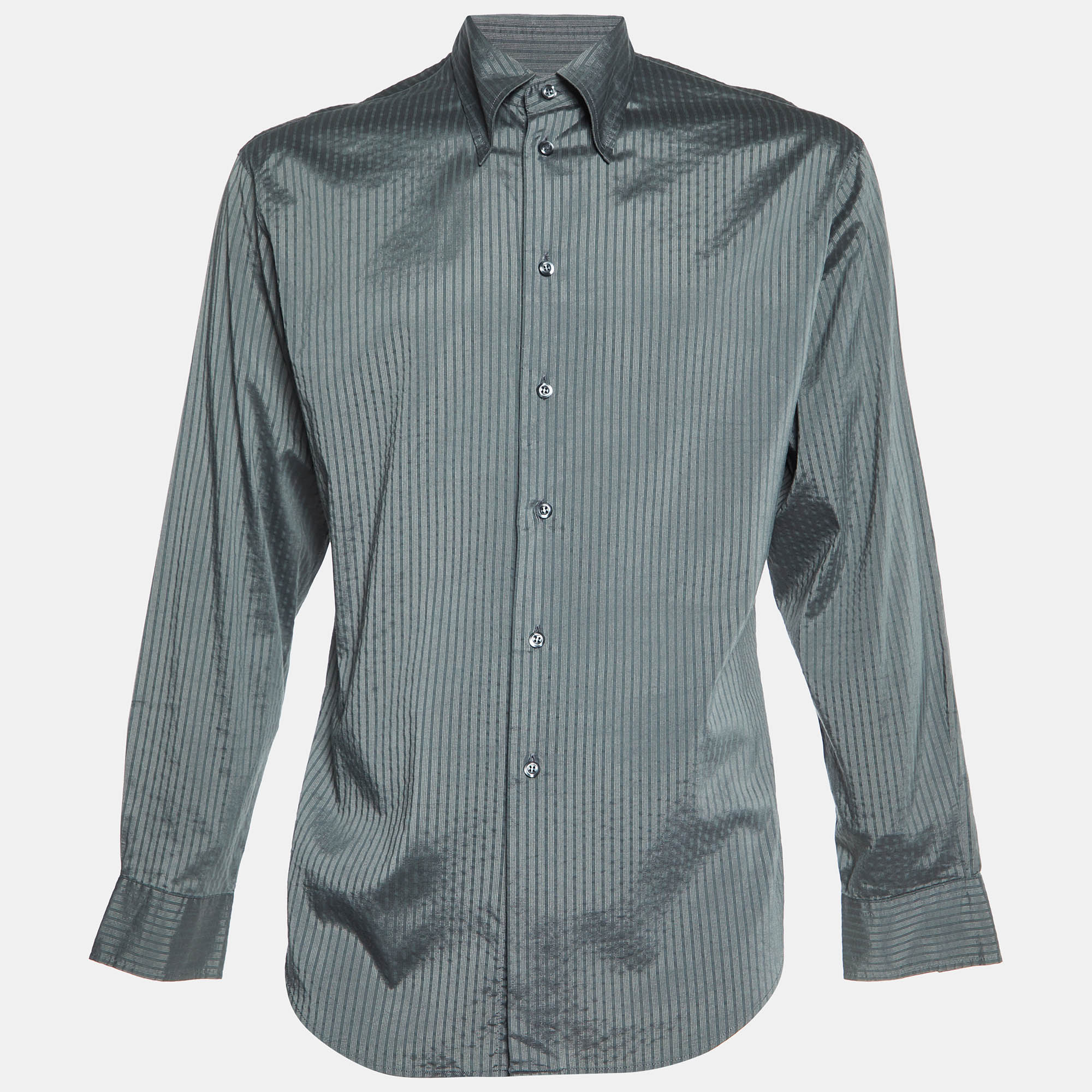Emporio Armani Grey Striped Cotton Blend Button Down Shirt L
