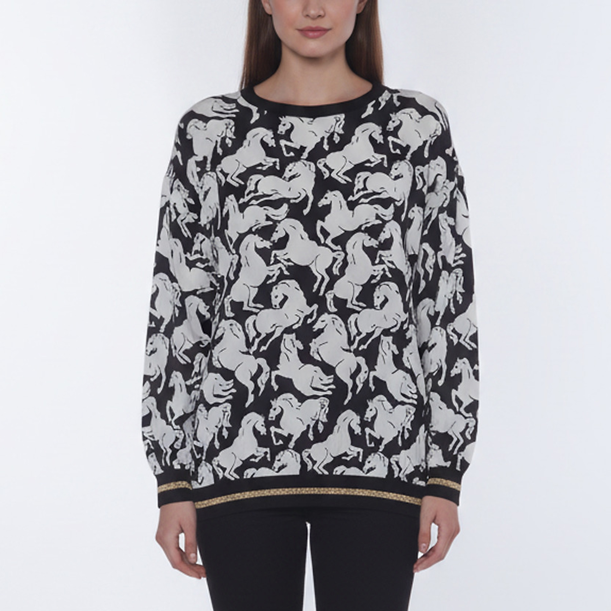 Stella McCartney White/Black Running Horses Print Silk Top XS