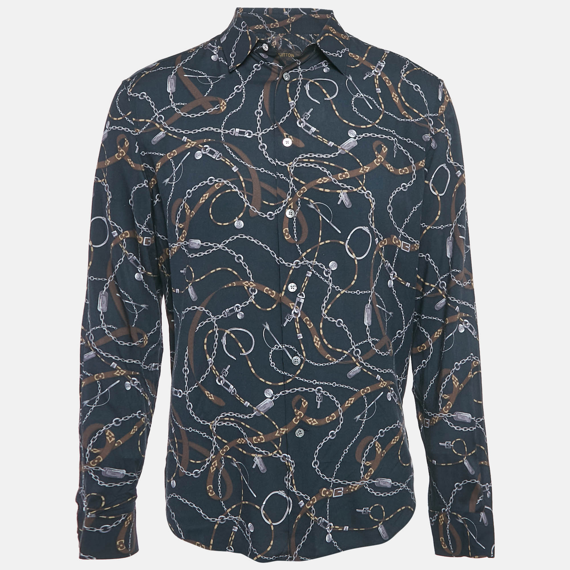 Louis Vuitton Navy Blue Twisted Chain Print Crepe Long Sleeve Shirt M