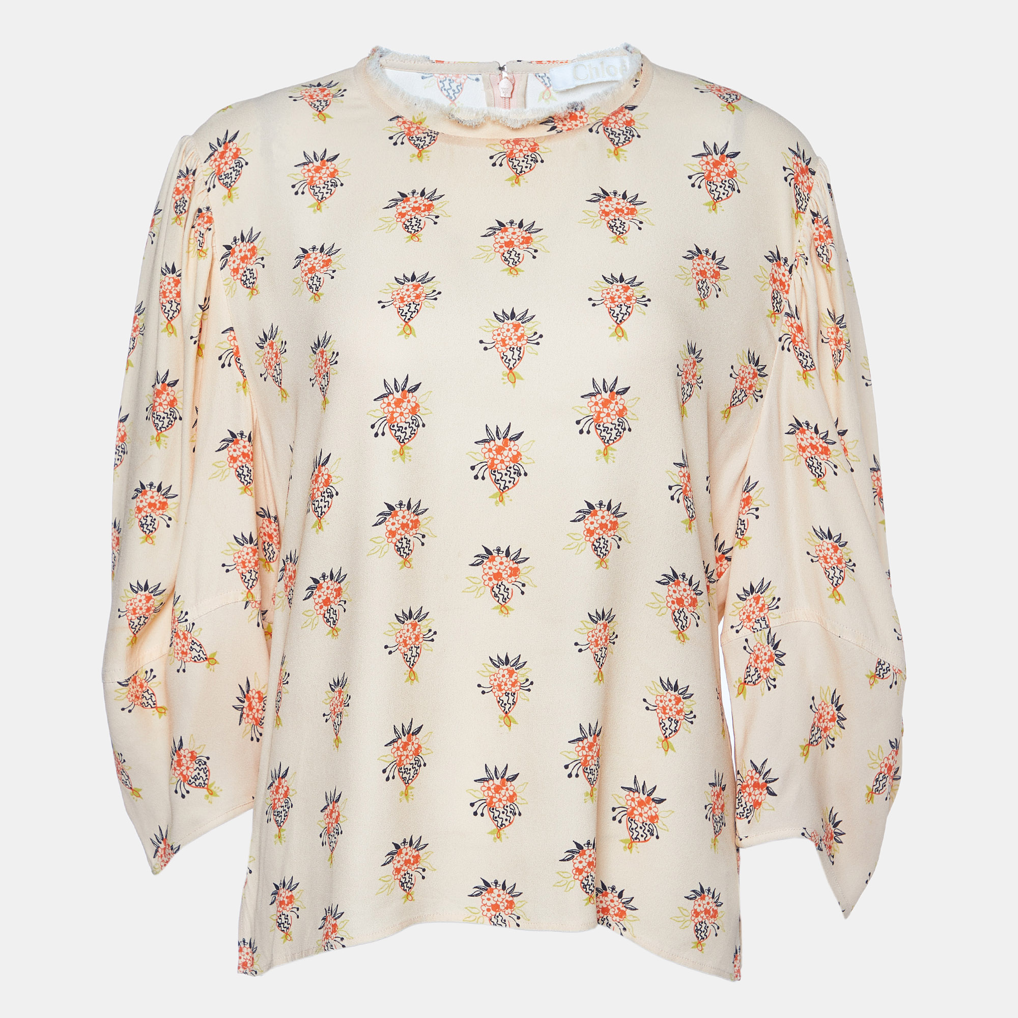 Chloe Wild Pink Printed Crepe Puff Sleeves Top L