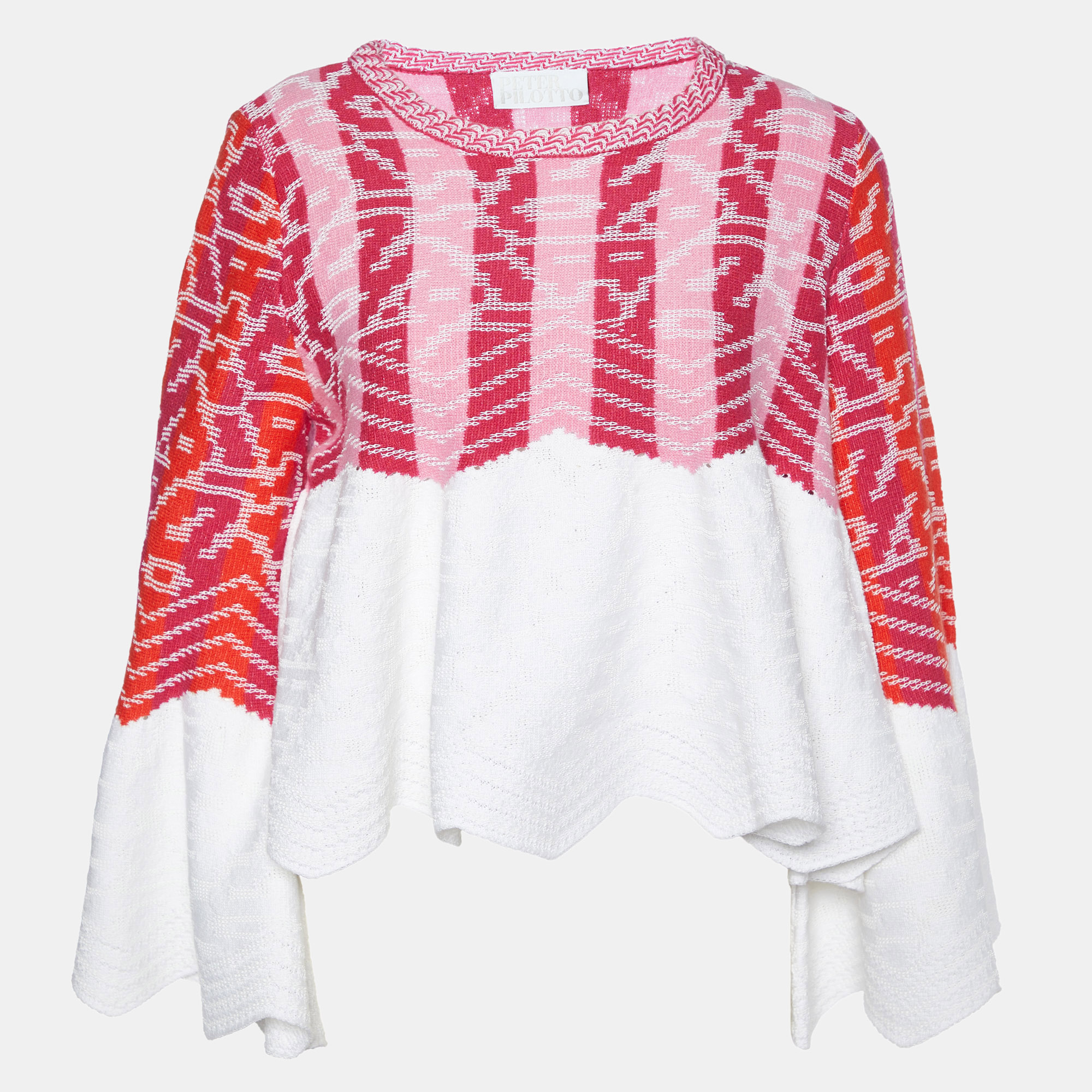 Peter Pilotto Pink/White Cotton & Wool Knit Peplum Sweater S