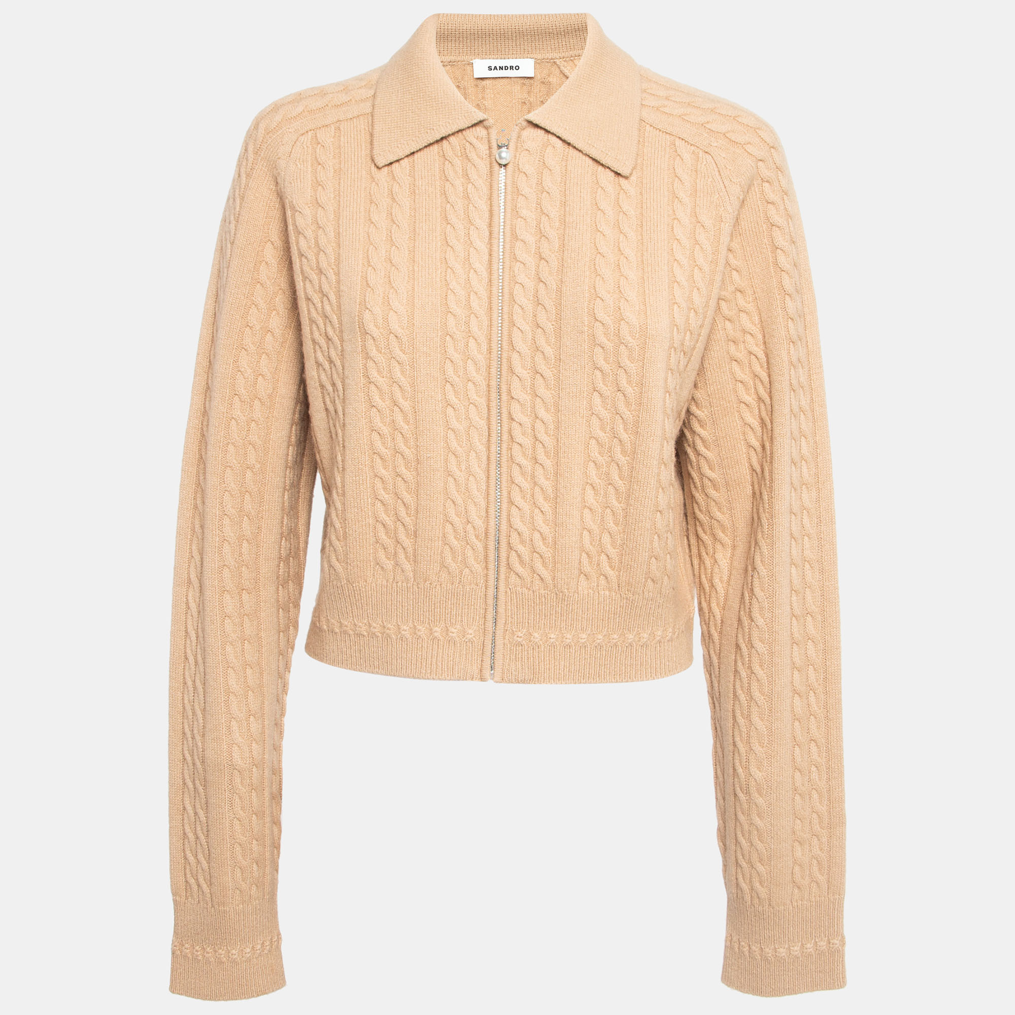Sandro Beige Wool Cable Knit Zipper Crop Cardigan XL