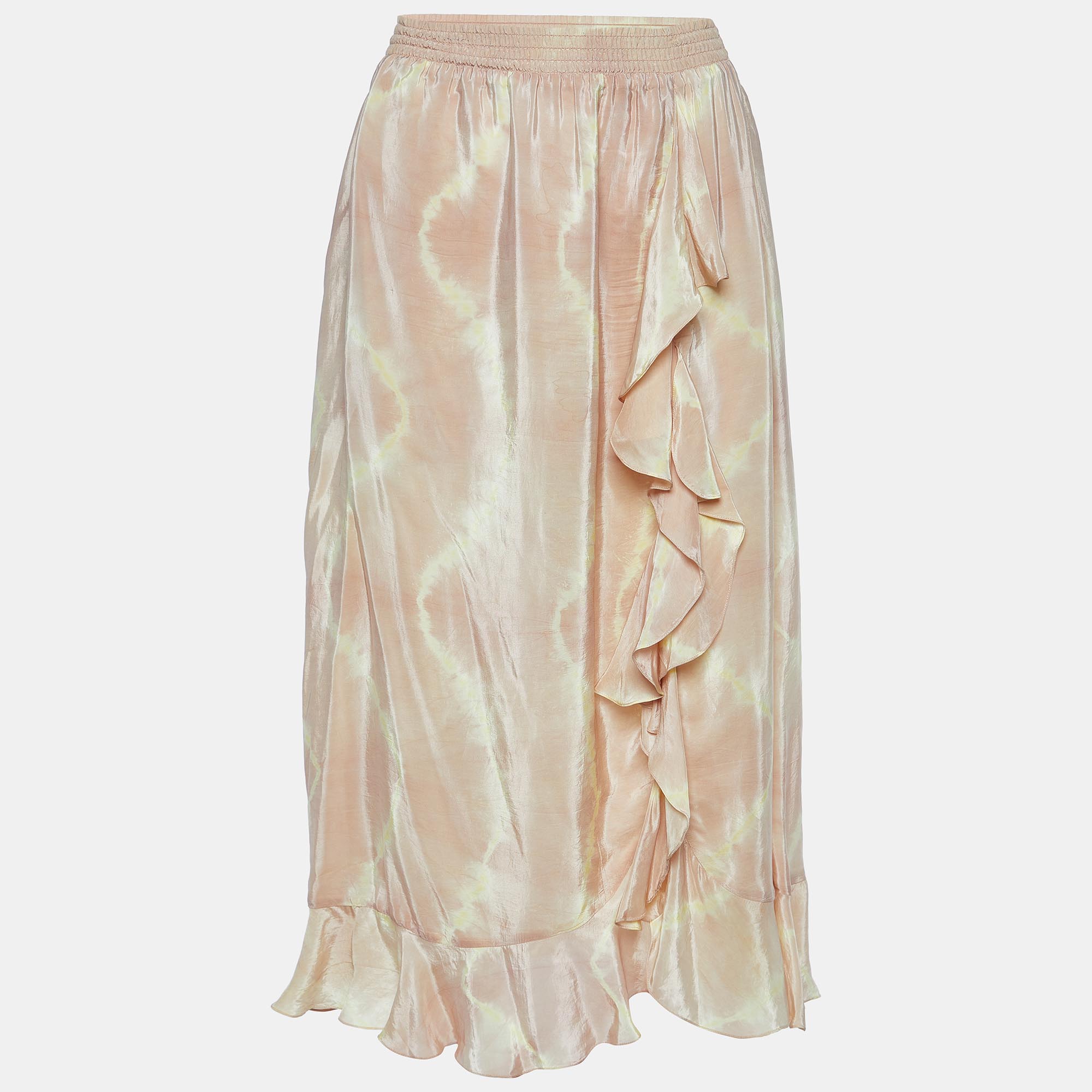 Maje Beige Tie Dye Satin Jitye Ruffled Midi Skirt S