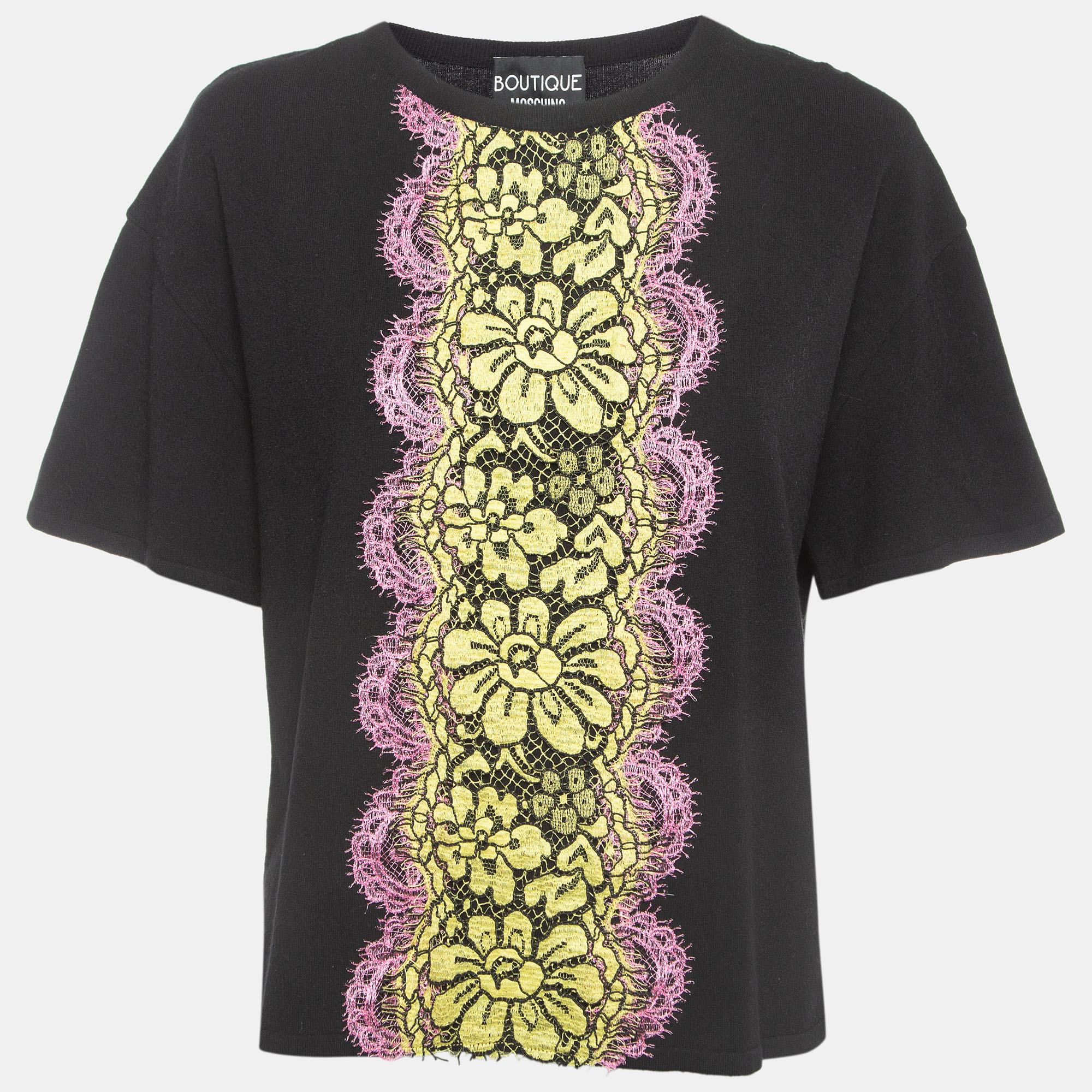 Boutique Moschino Black Knit Lace Trim Detail Top L