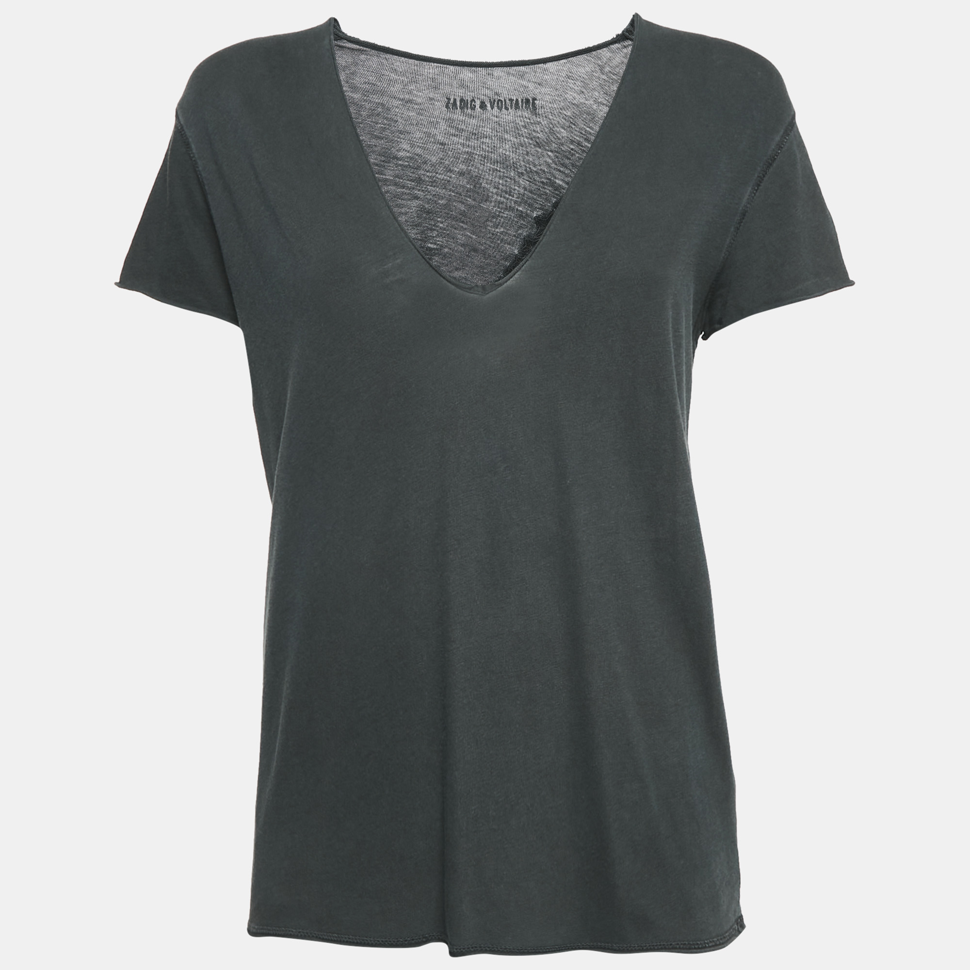 Zadig & Voltaire Charcoal Grey Cotton Knit V-Neck Story Fishnet Top S