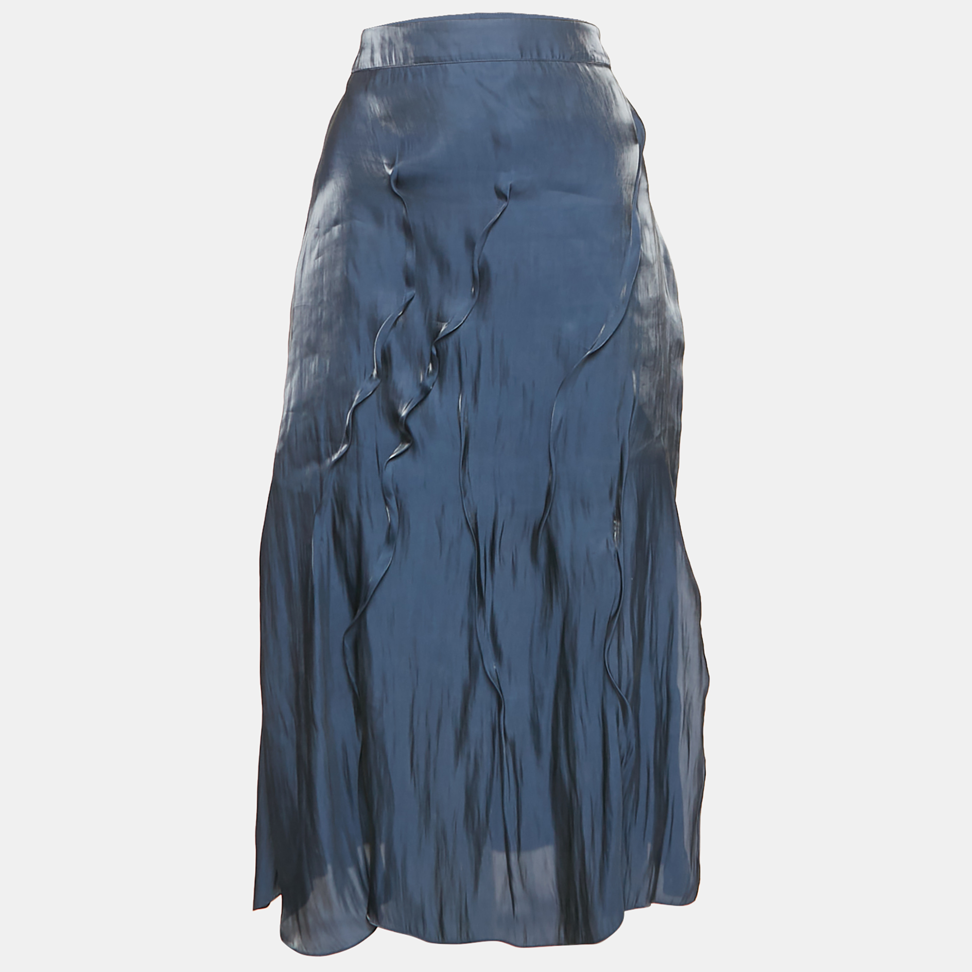 Kenzo Navy Blue Satin Wavy Pin Tucked Midi Skirt M