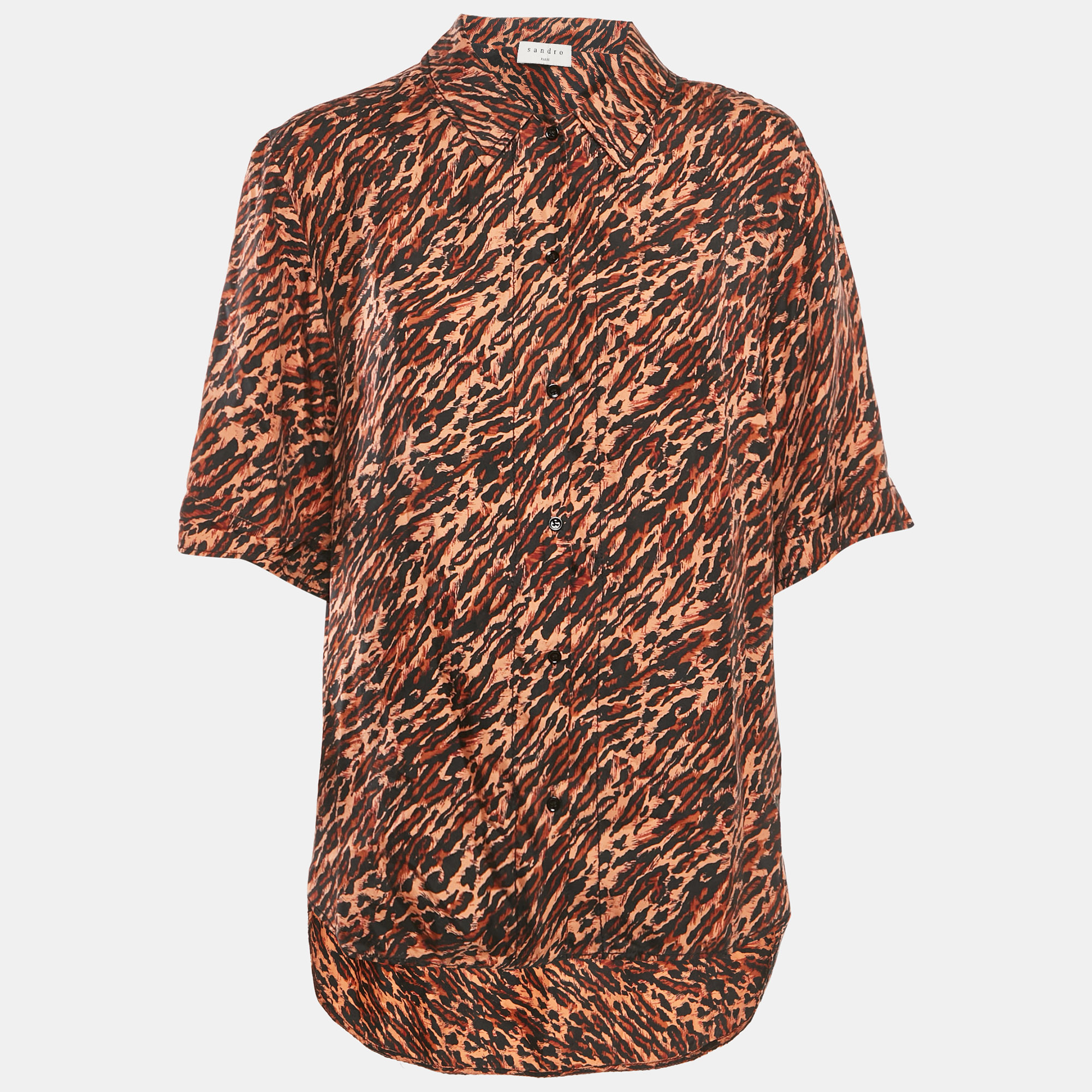 Sandro Brown Leopard Print Silk Short Sleeve Shirt L
