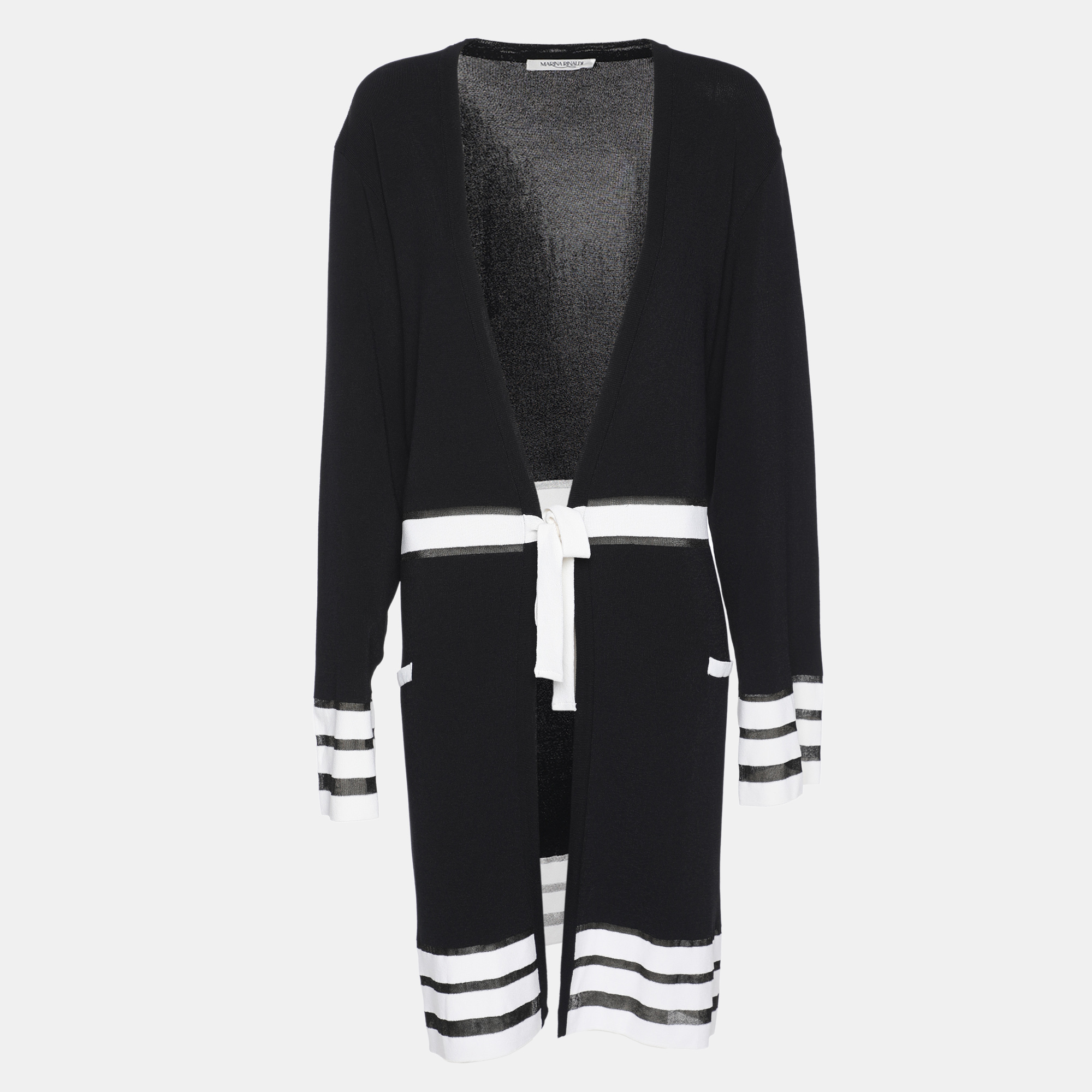 Marina Rinaldi Navy Blue/White Rib Knit Belted Cardigan L