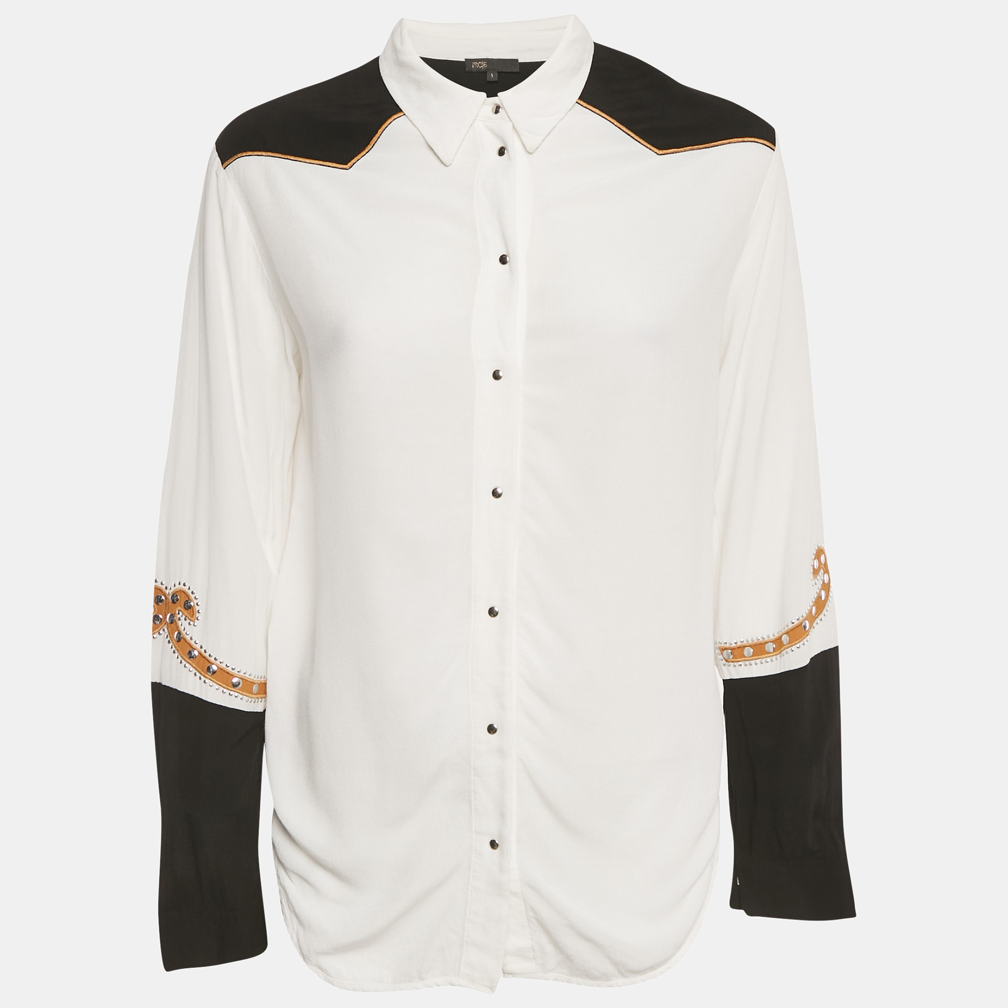Maje White & Black Love Embroidered Crepe Chesti Shirt S