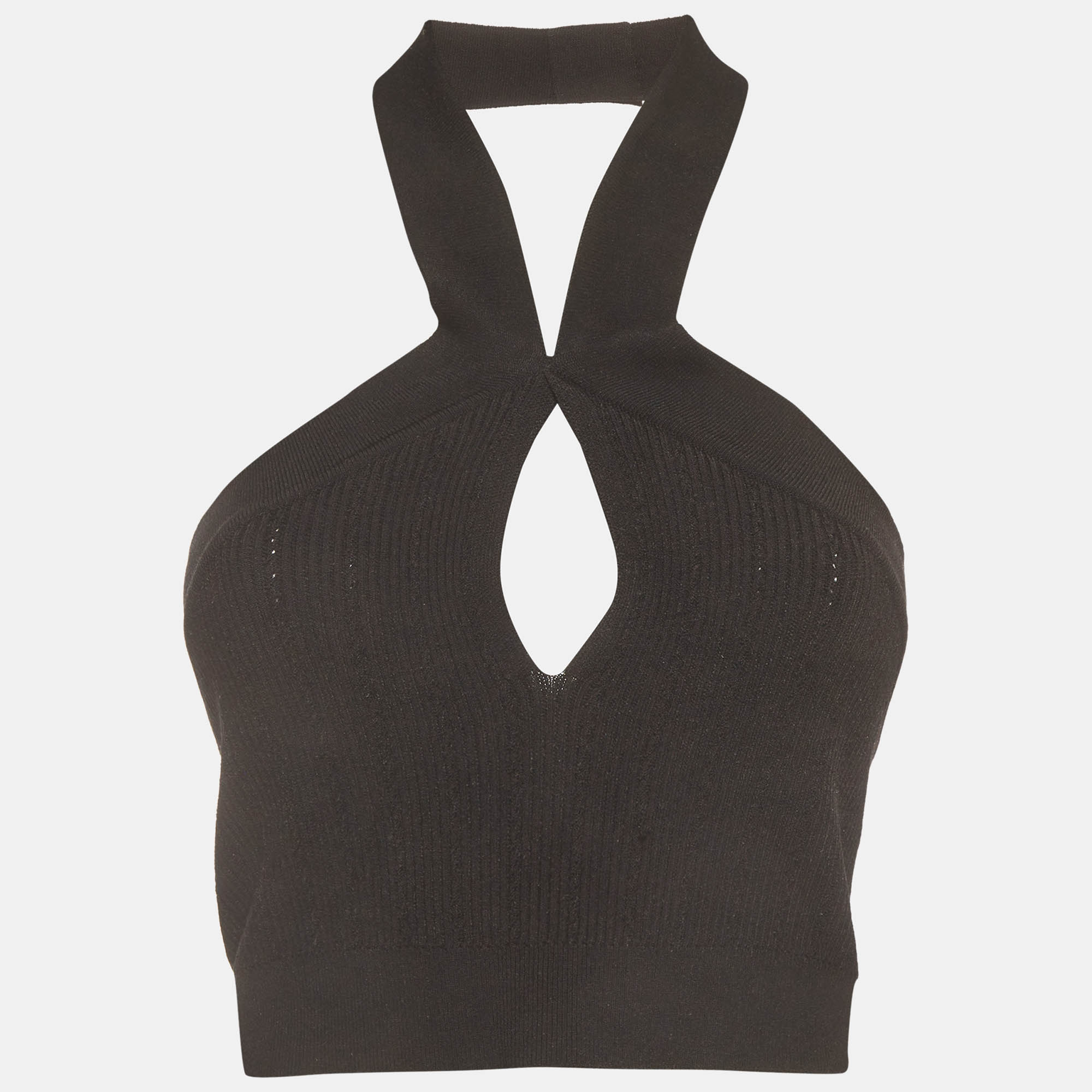 Balmain Black Rib Knit Halter Neck Cut-Out Crop Top S