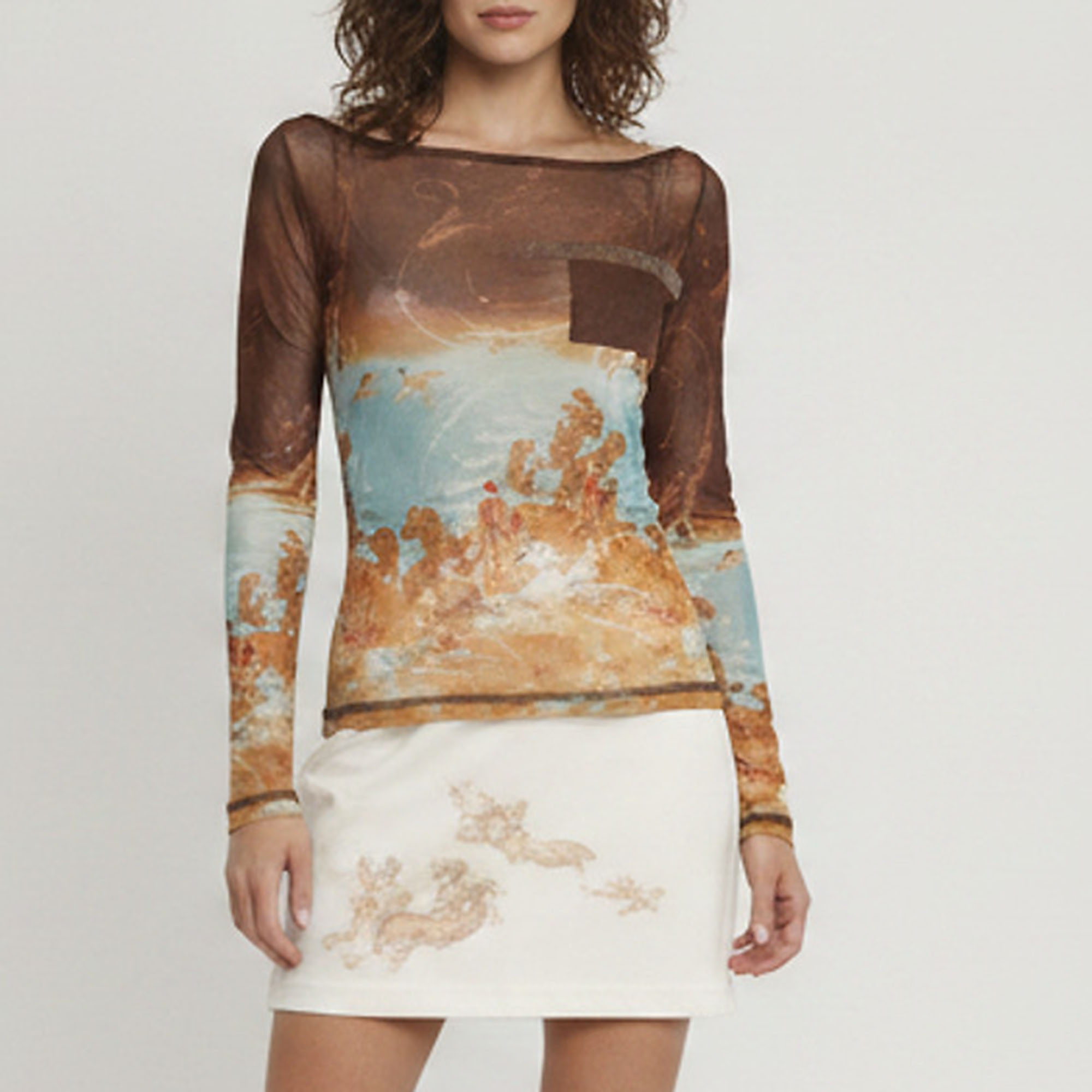 Jean Paul Gaultier Vintage Multicolor Landscape Print Mesh Top L