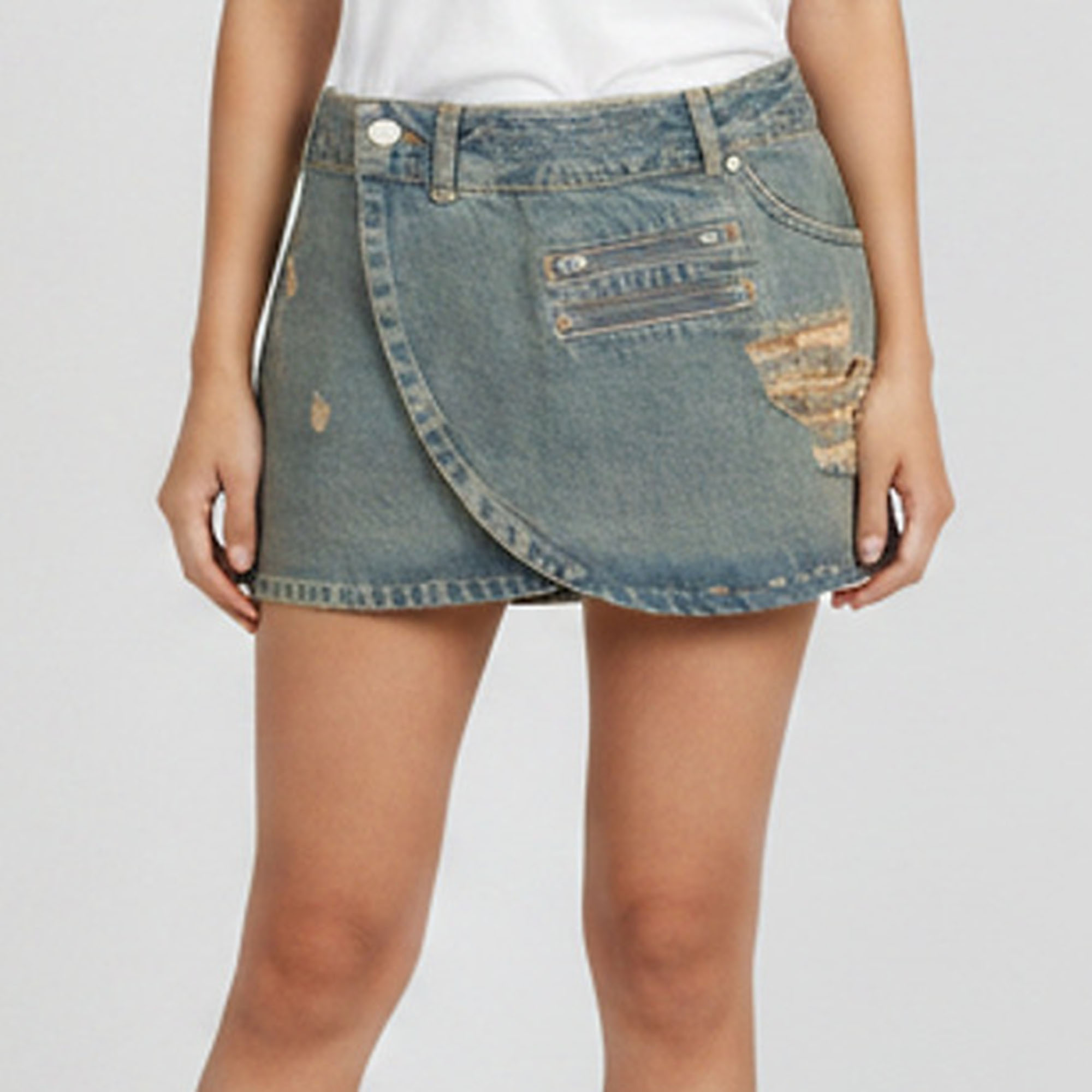 Miaou Blue Distressed Denim Wrap Hunter Mini Skirt S