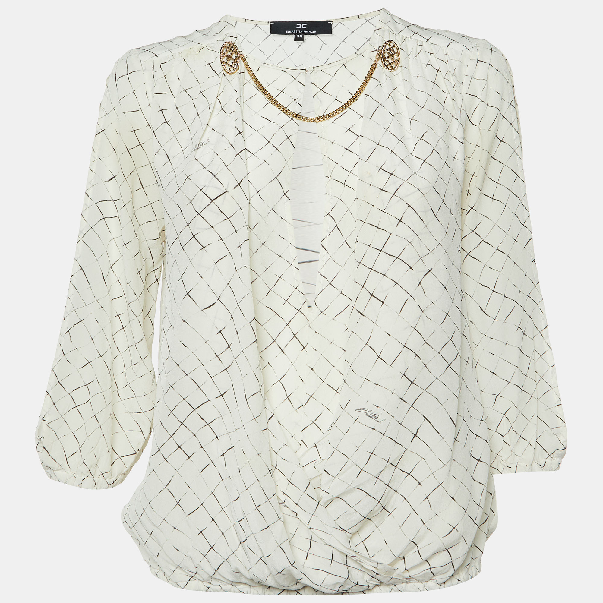 Elisabetta Franchi White Checks Print Silk Brooches Detail Top M