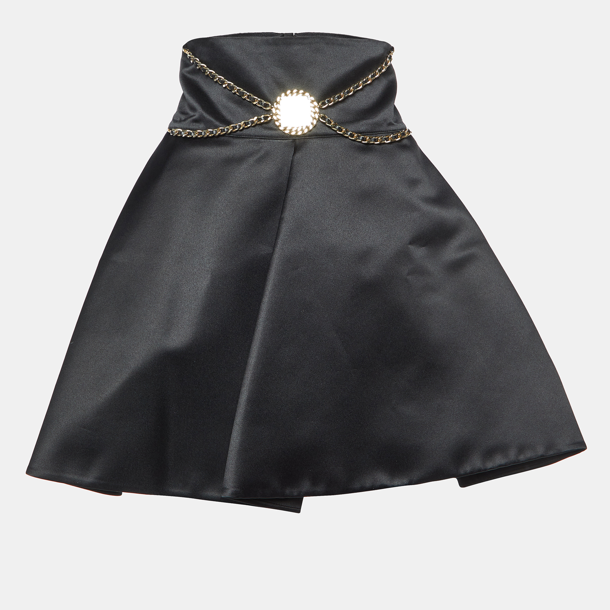 Elisabetta Franchi Black Satin Chain Detail Pleated Mini Skirt M