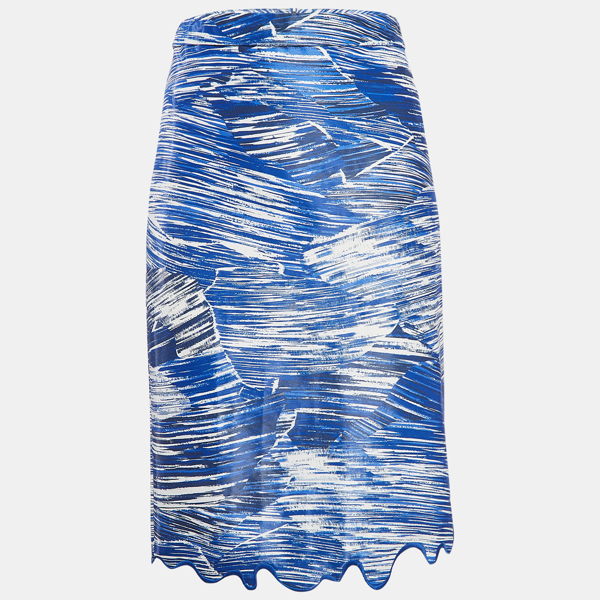 Kenzo Blue Printed Cotton Blend Embroidered Hem Skirt S