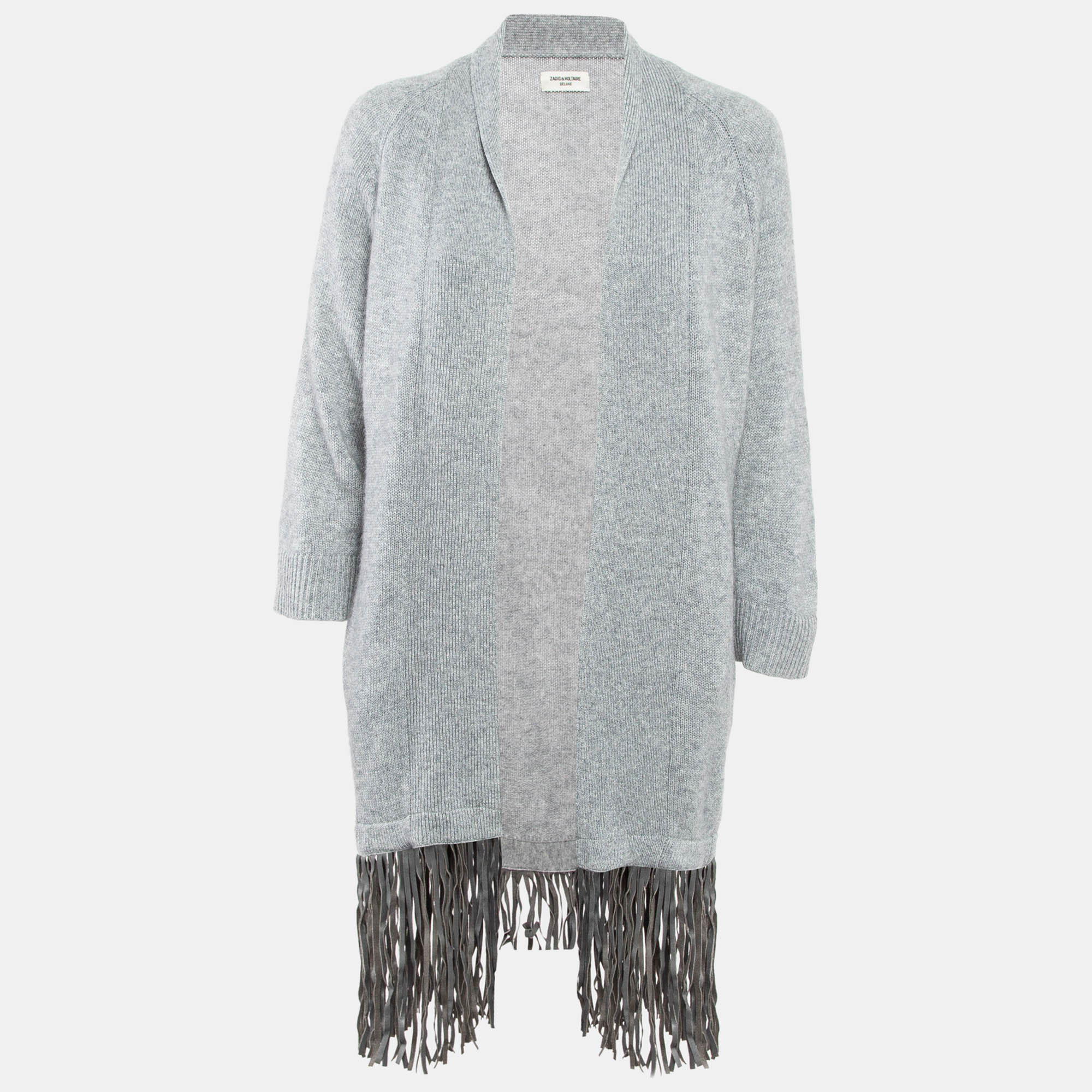 Zadig & Voltaire Delux Grey Cashmere Knit Open Front Fringed Cardigan XS/S
