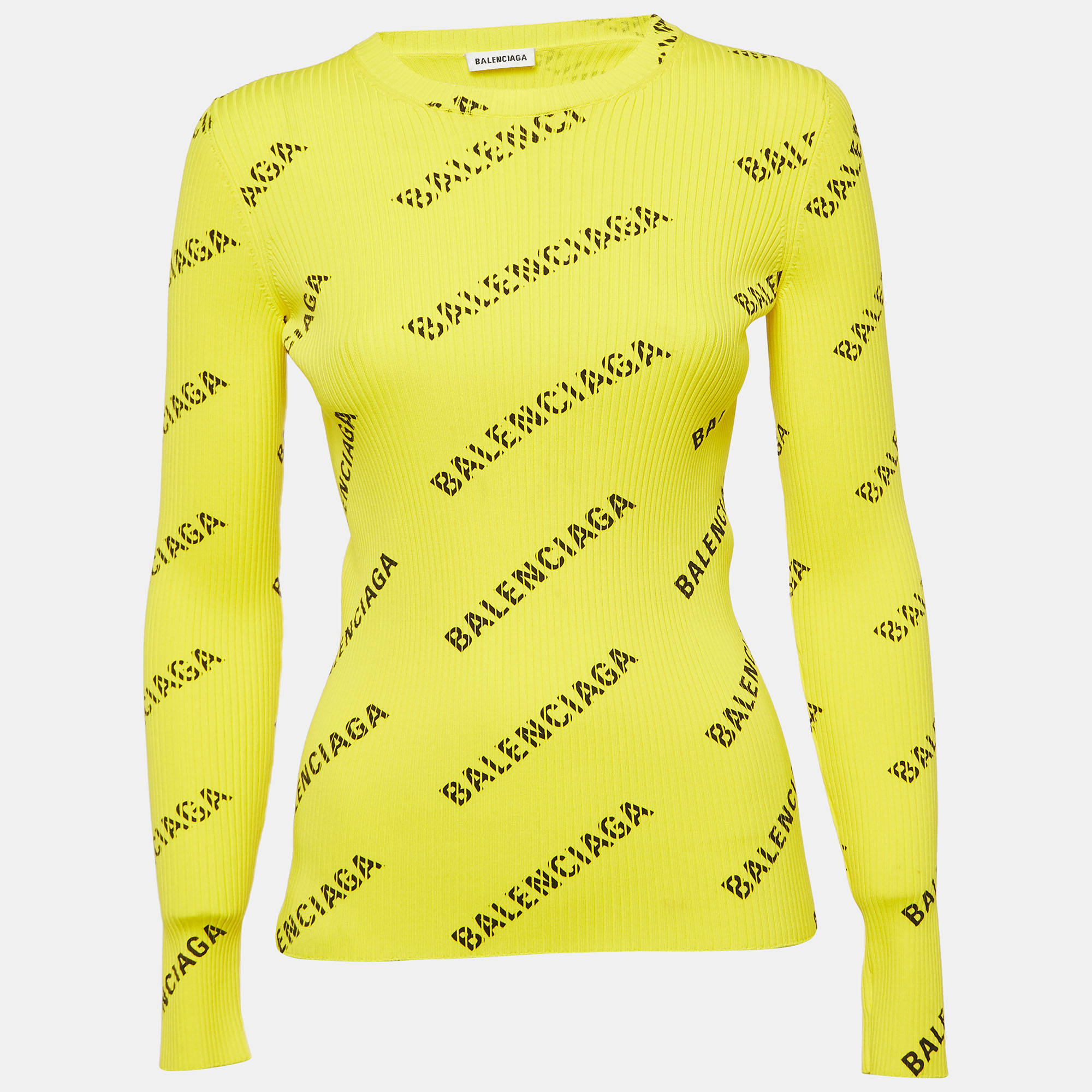 Balenciaga Yellow Logo Print Rib Knit Full Sleeve Top M