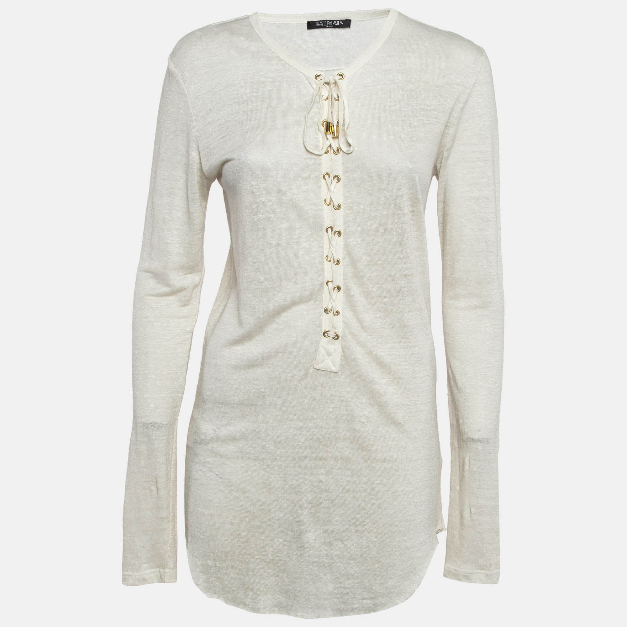 Balmain Off-White Linen Knit Lace-Up Top M