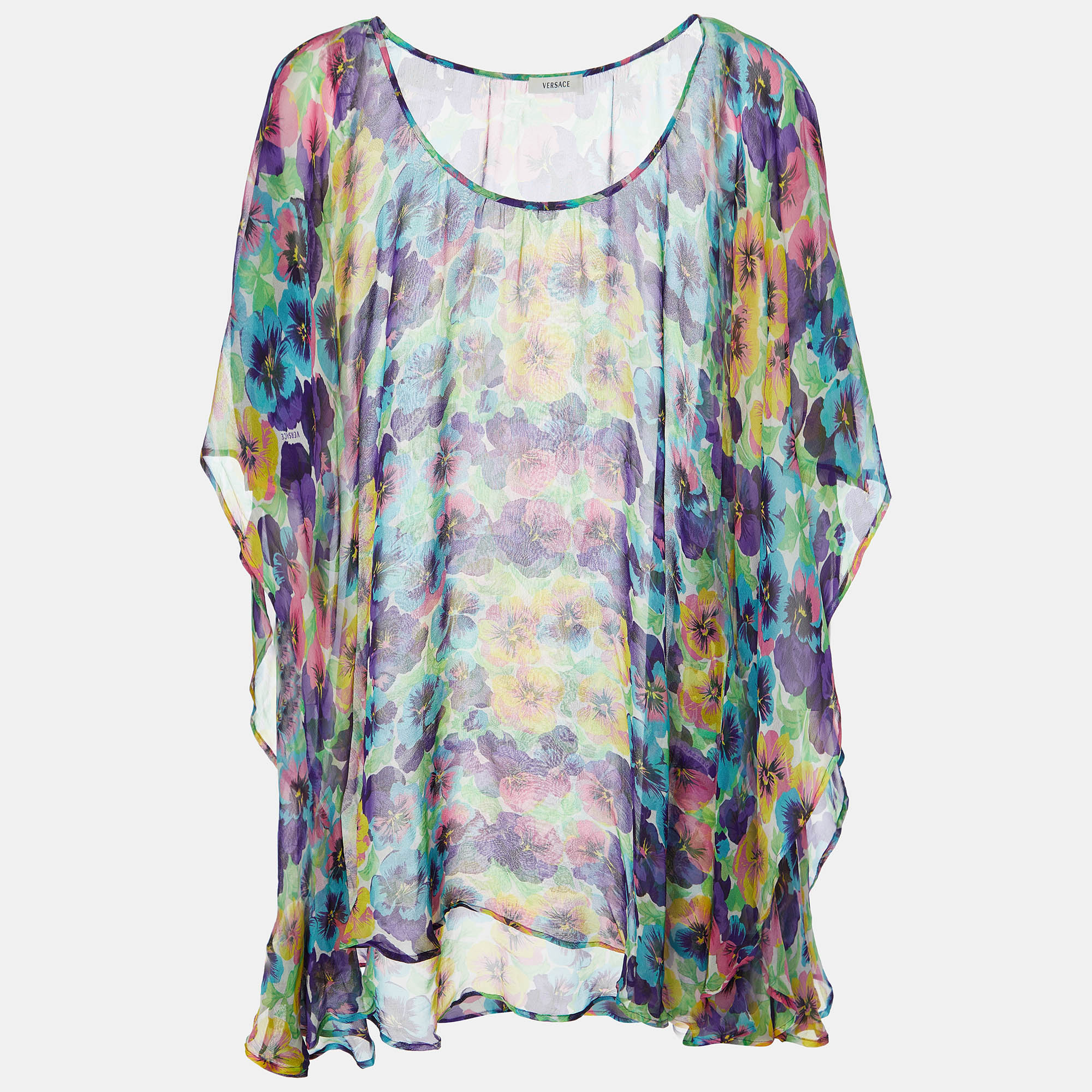 Versace Multicolor Floral Printed Silk Kaftan Top L