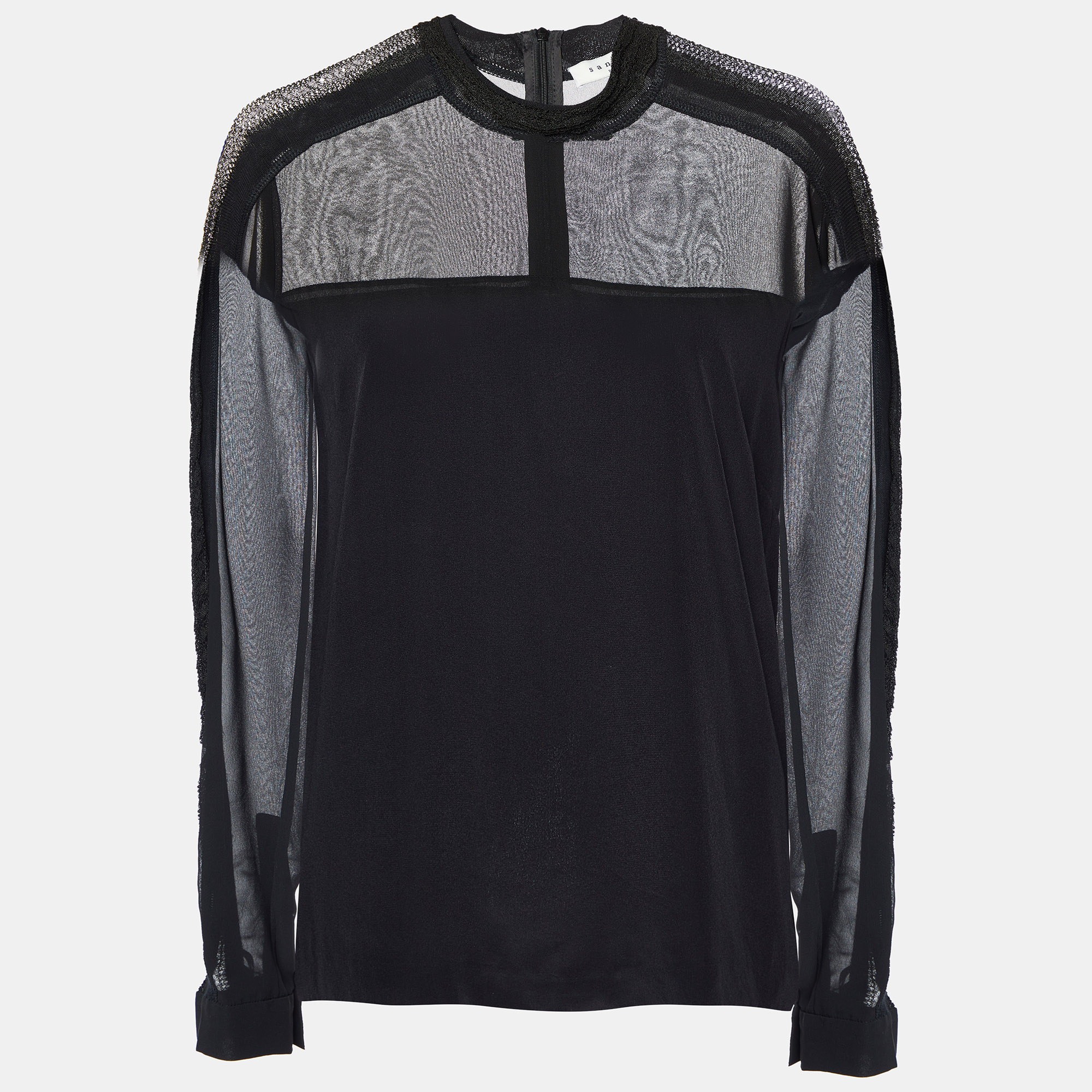 Sandro Black Silk & Knit Paneled Long Sleeve Top M
