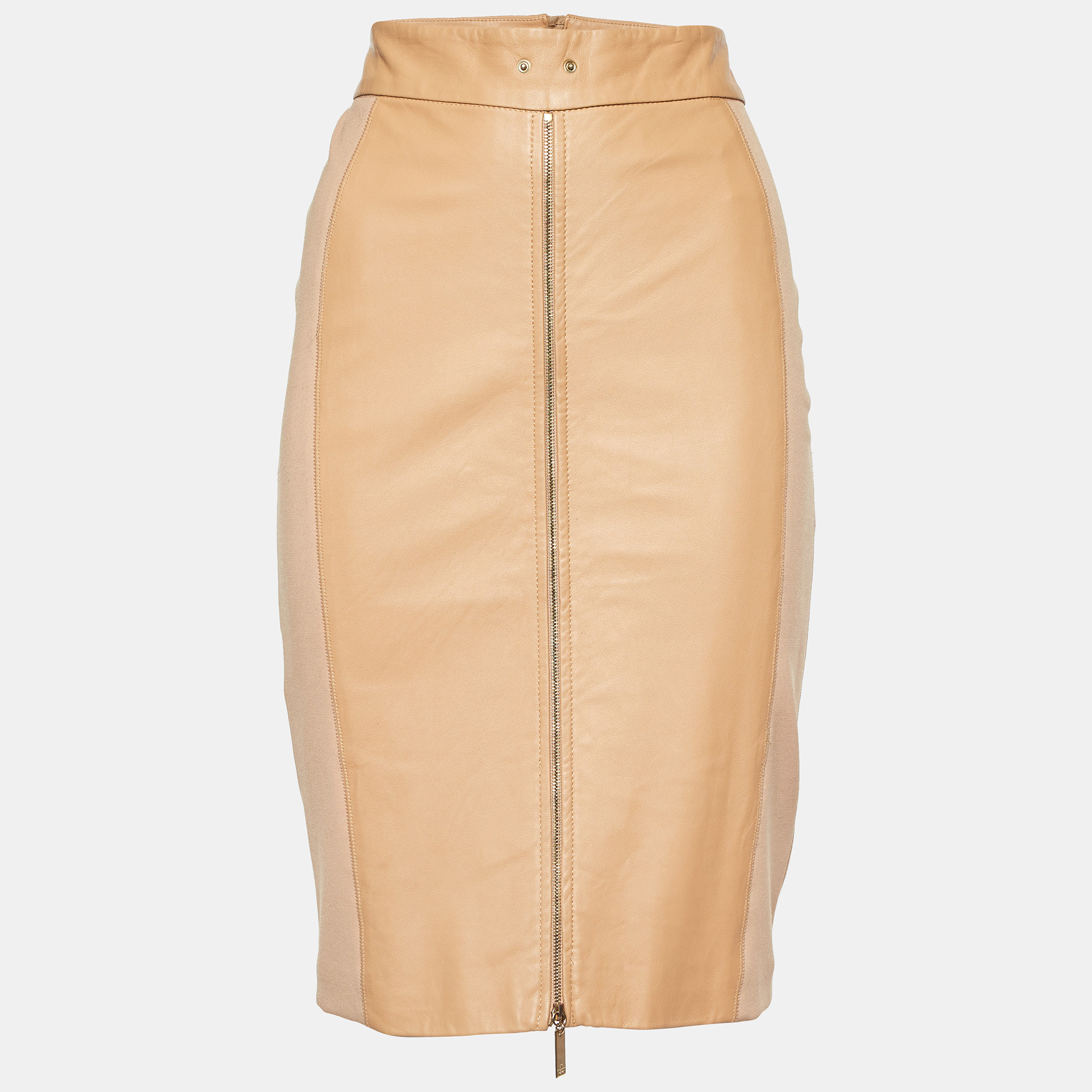 Elisabetta Franchi Gold Beige Leather & Jersey Pencil Skirt L
