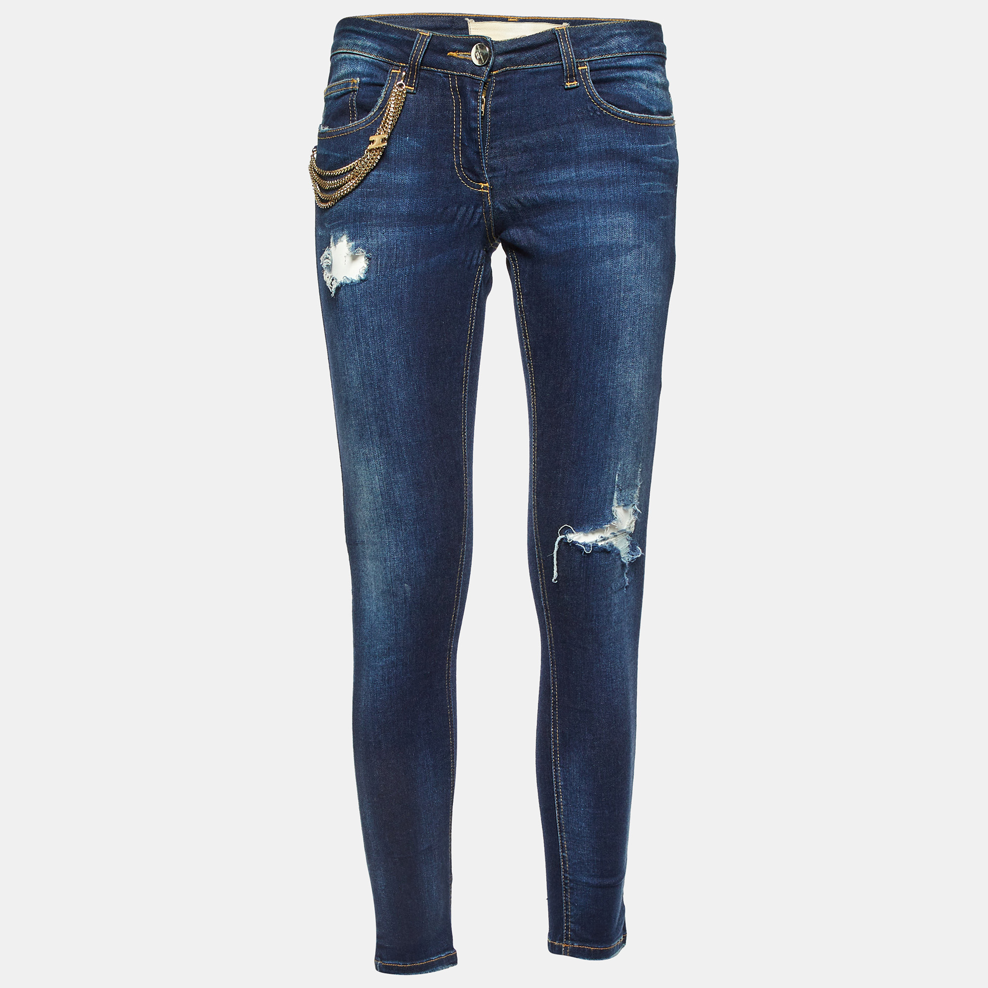Elisabetta Franchi Blue Denim Chain Detail Slim Fit Jeans M/Waist 29"