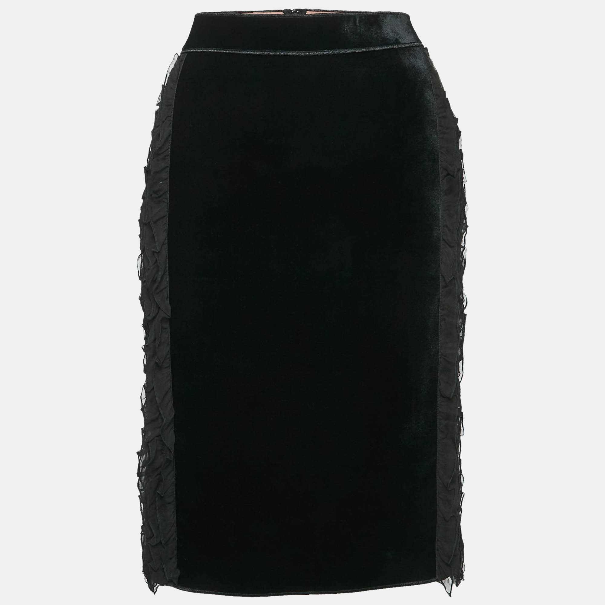 N&ordm;21 Black Silk and Velvet Ruffled Pencil Skirt M N21