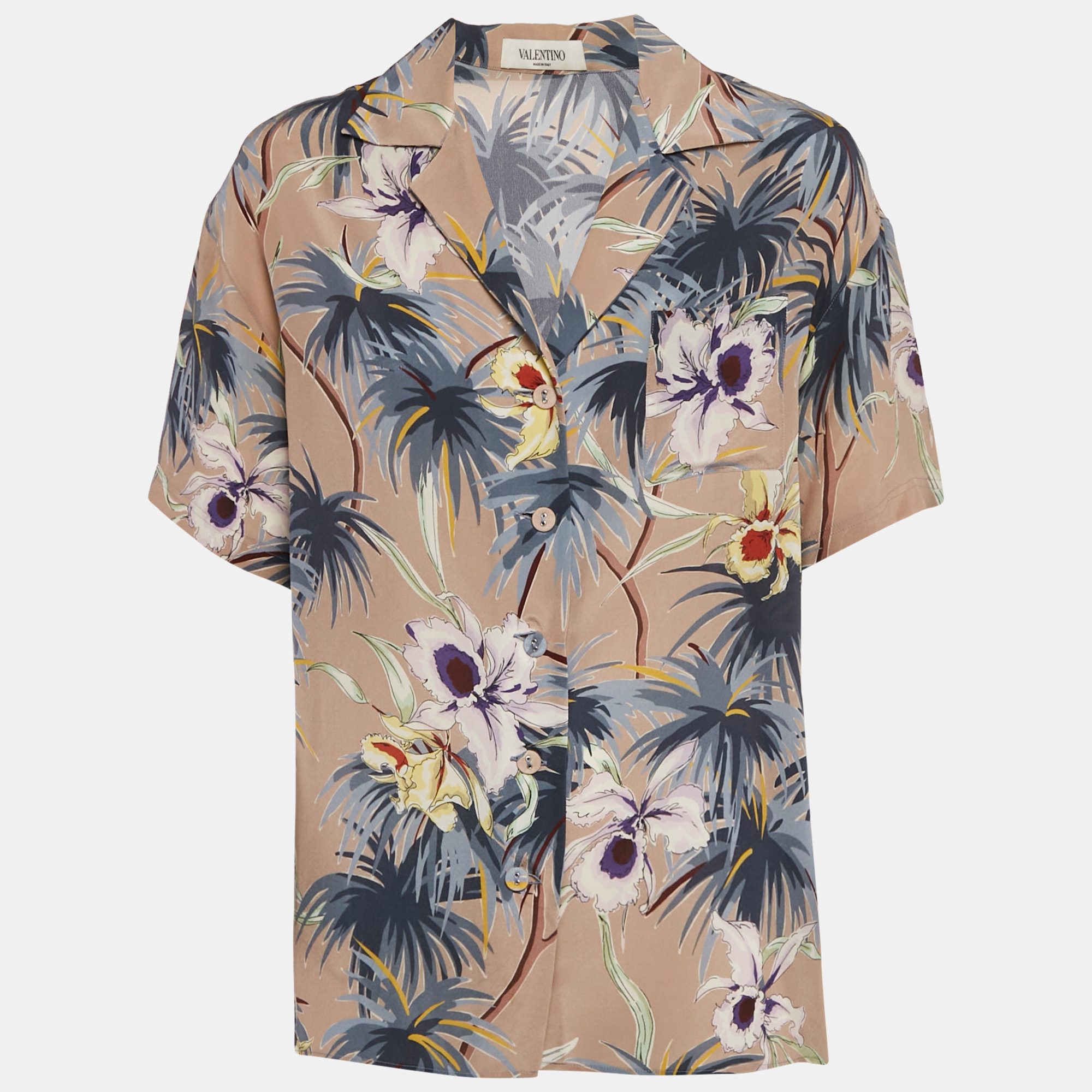 Valentino Brown/Grey Hawaiian Print Silk Crepe Short Sleeve Shirt M