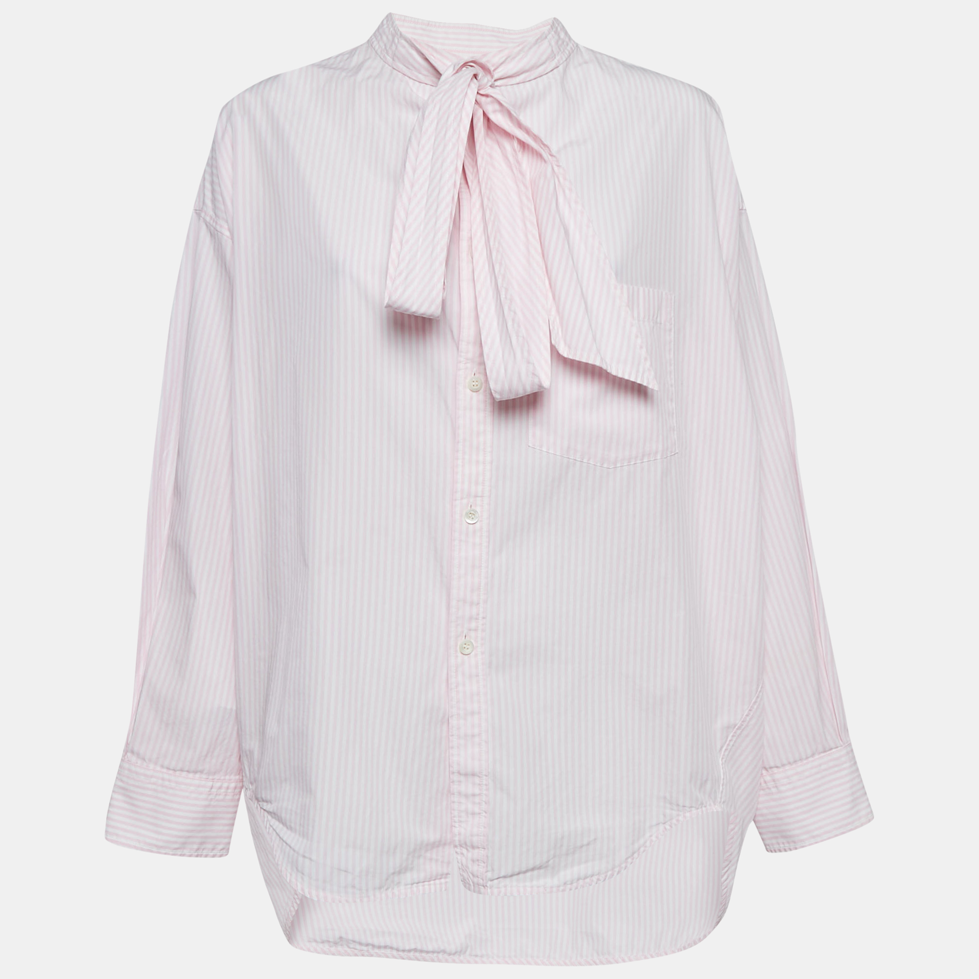 Balenciaga Pink/White Stripe Cotton Neck Tie Detail Oversized Shirt S