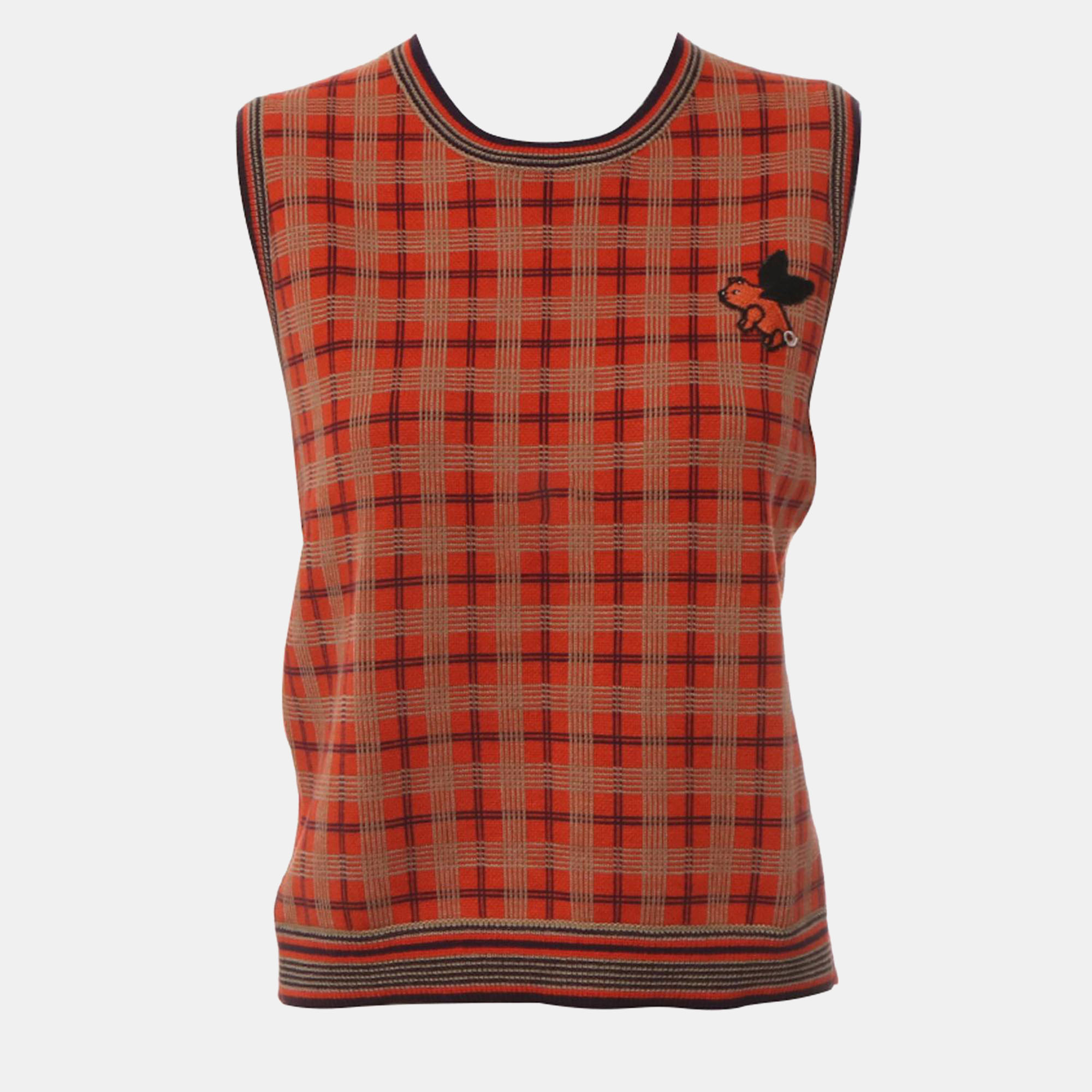 Gucci Orange Plaid Wool Sleeveless Sweater L