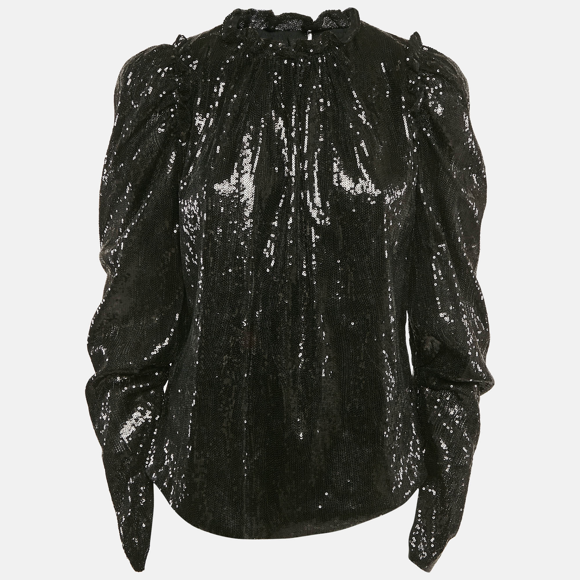 INGIE PARIS Black Sequin Crepe Ruffled Top S