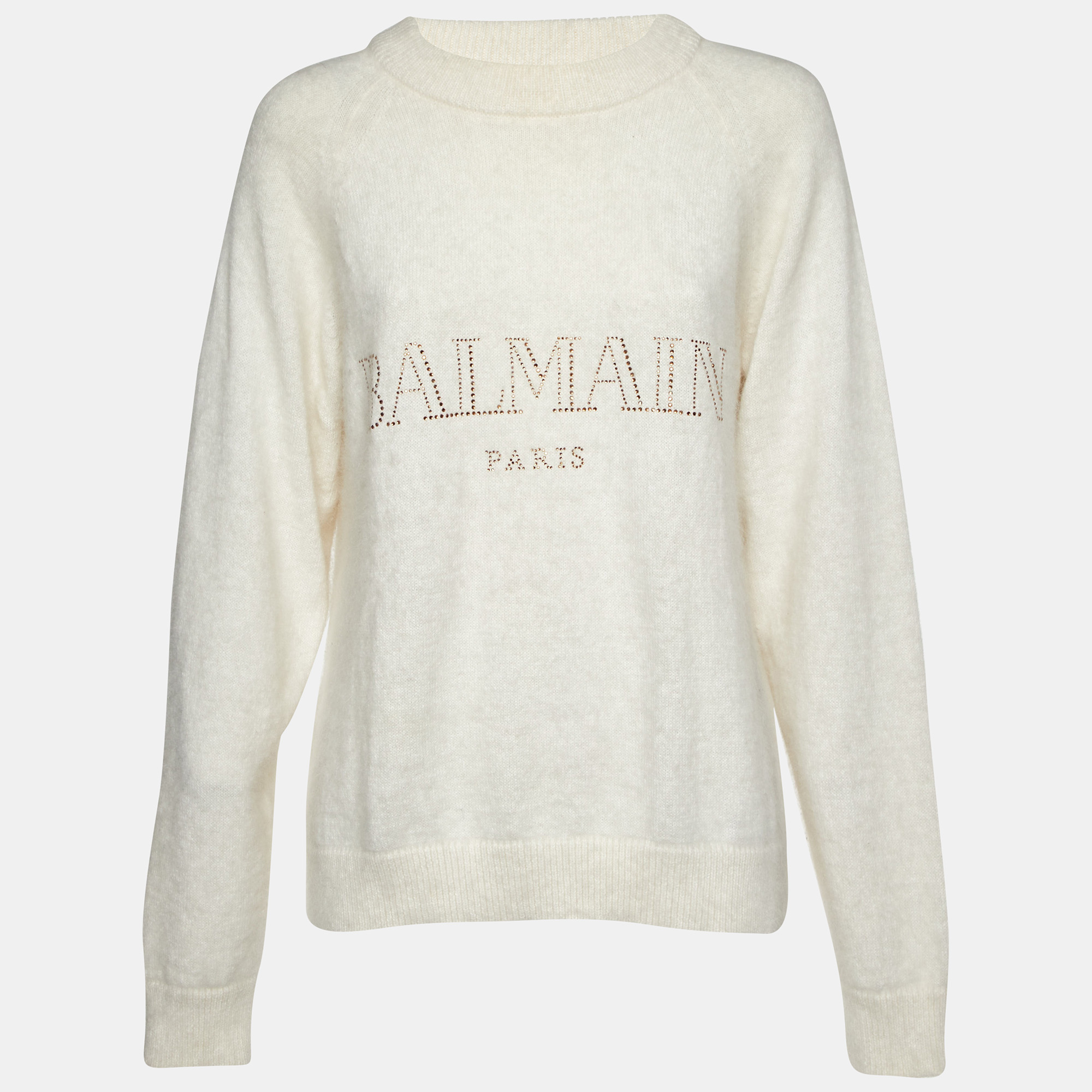 Balmain Cream Crystal Logo Embellished Wool Knit Sweater M