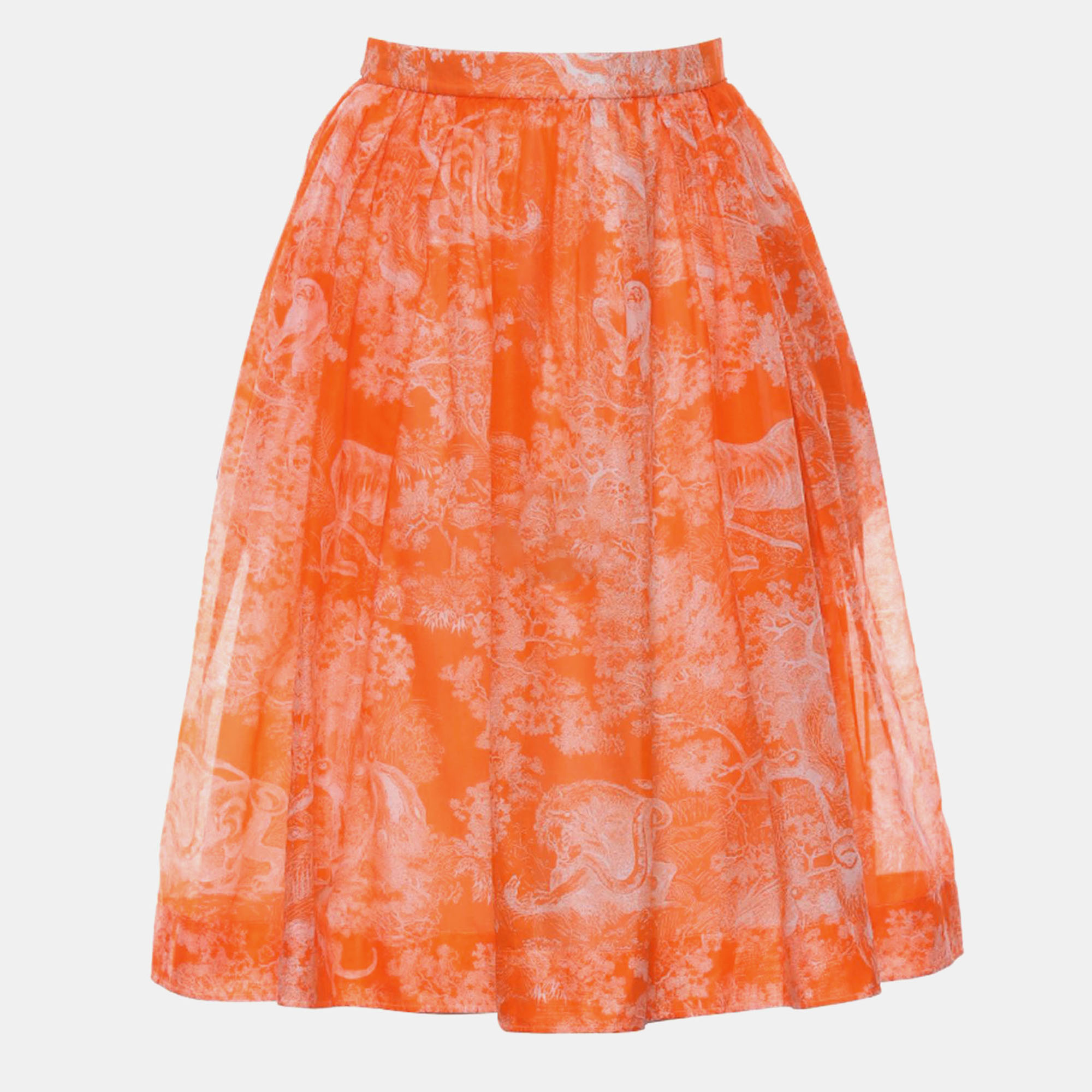 Christian Dior Dioriviera Orange Cotton Voile Toile de Jouy Reverse Flared Midi Skirt XS
