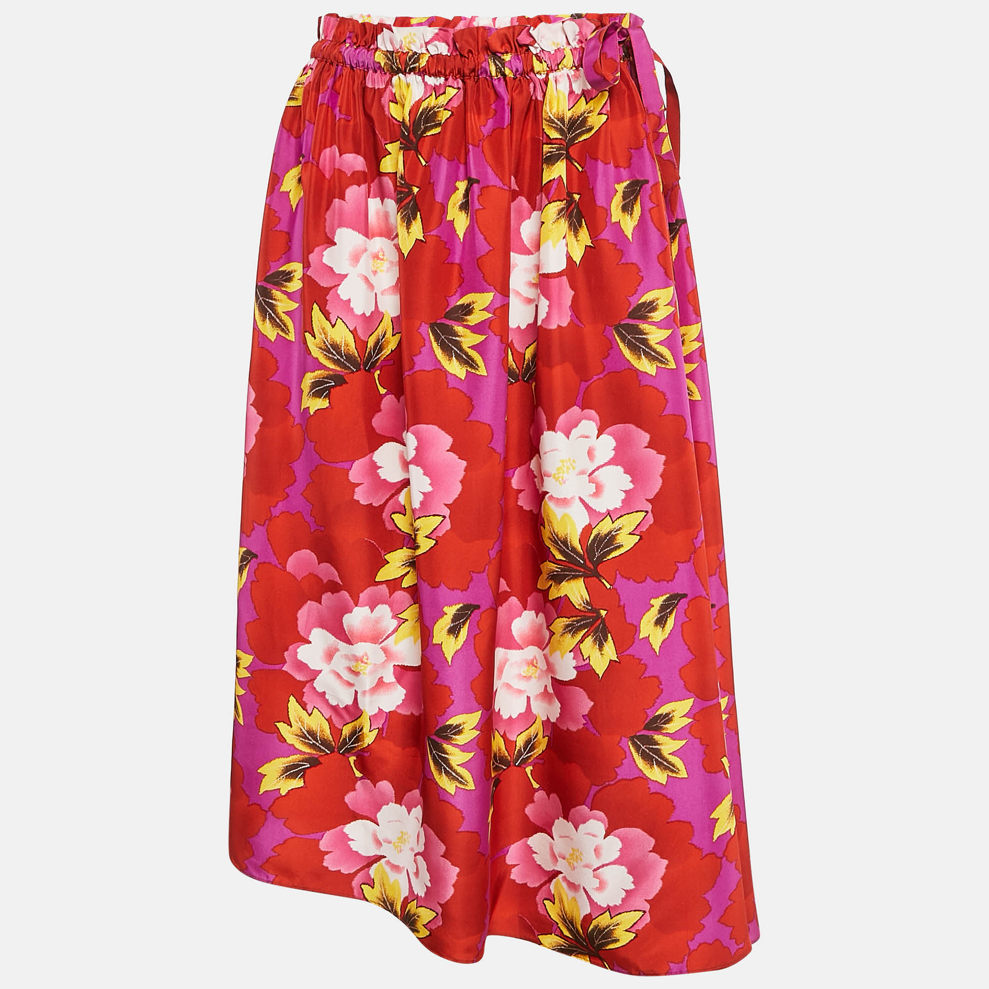 Kenzo Red Floral Print Silk High-Low Midi Skirt M