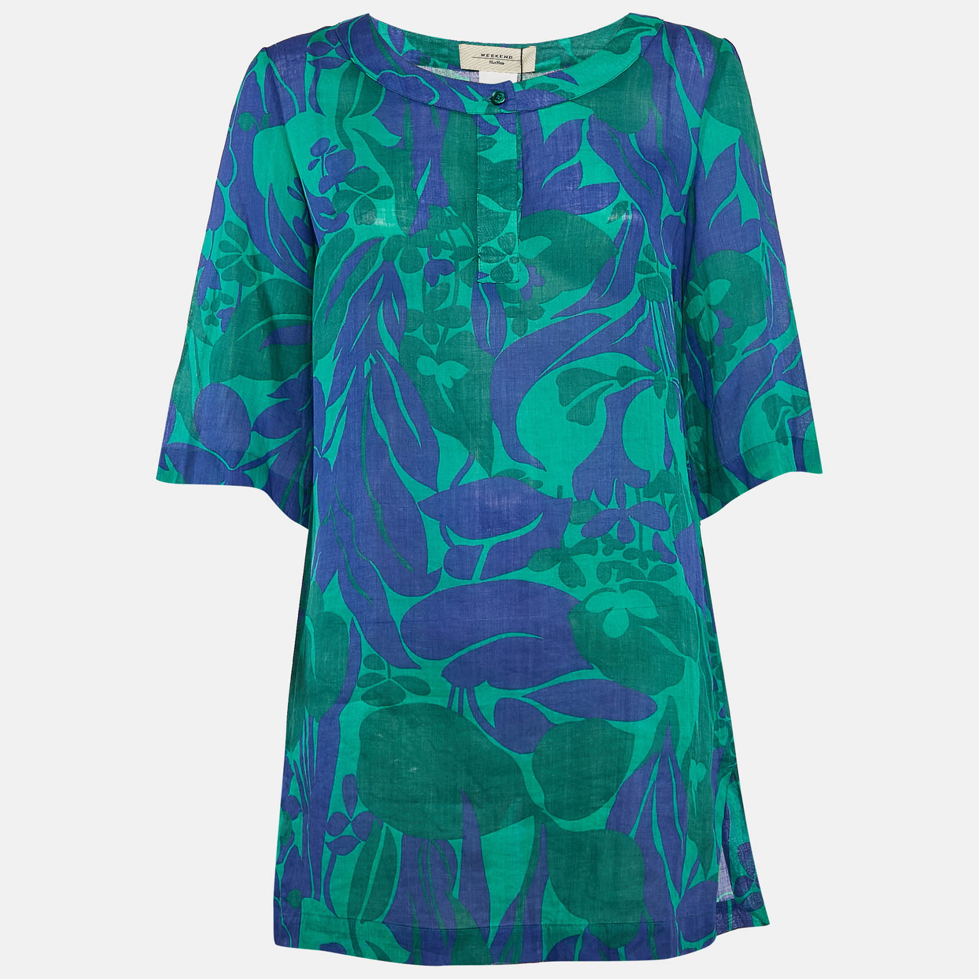 Weekend Max Mara Green/Blue Floral Print Ramie Buttoned Tunic S