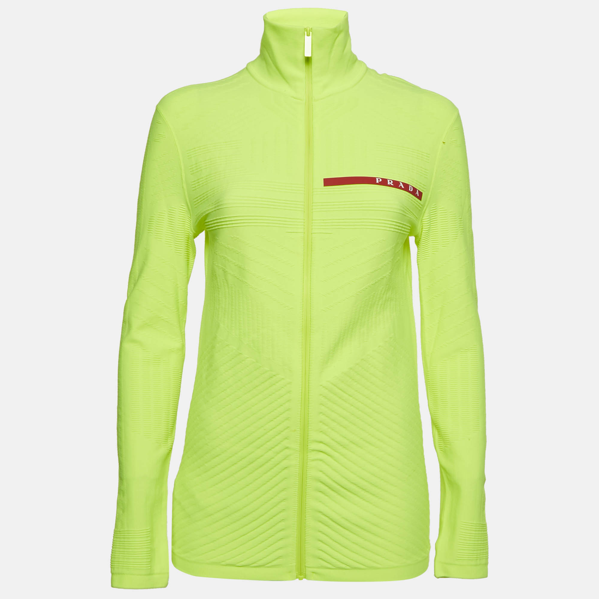 Prada Neon Green Textured Jersey Zip-Up Jacket S