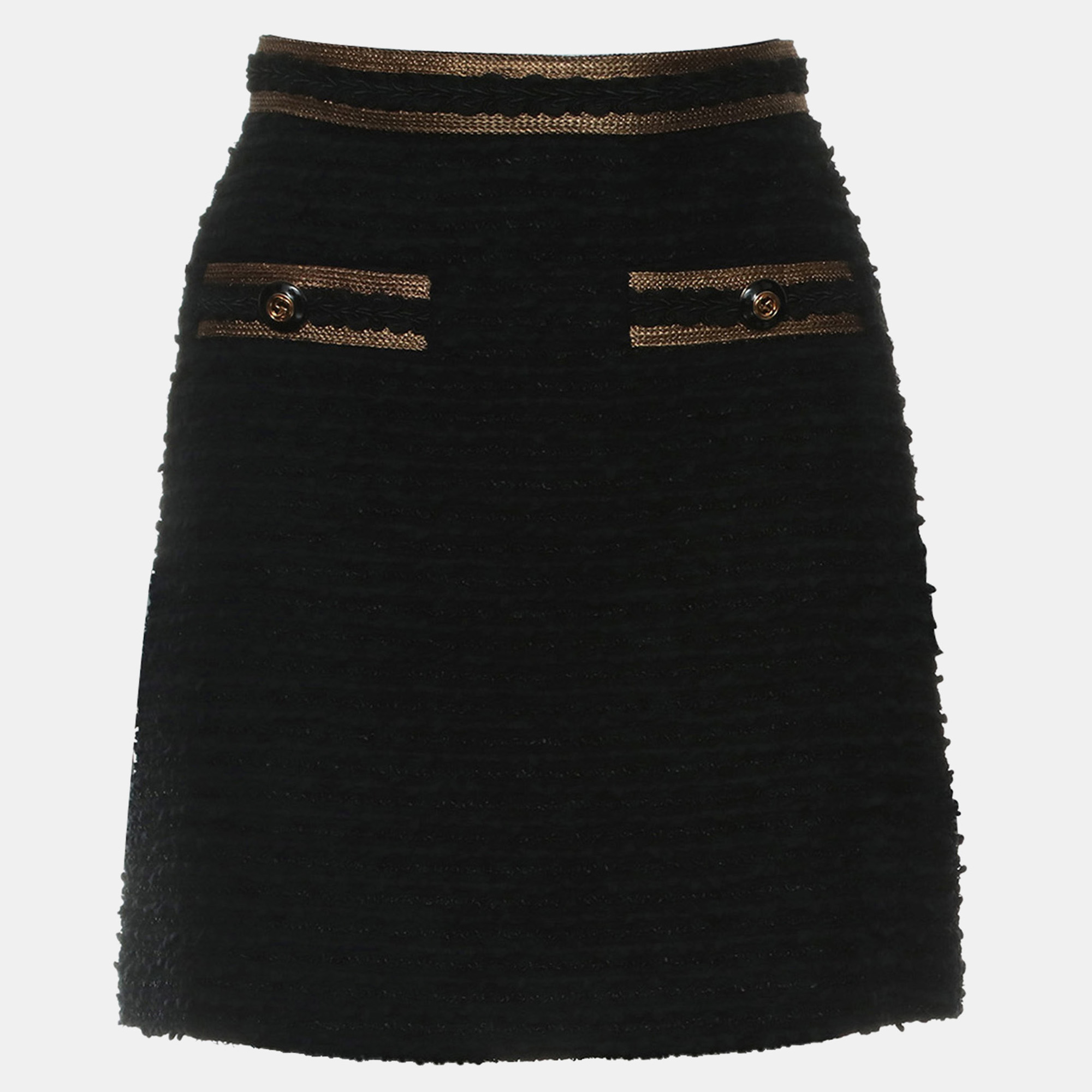 Gucci Black & Gold Wool Tweed GG Logo Button Mini Skirt S
